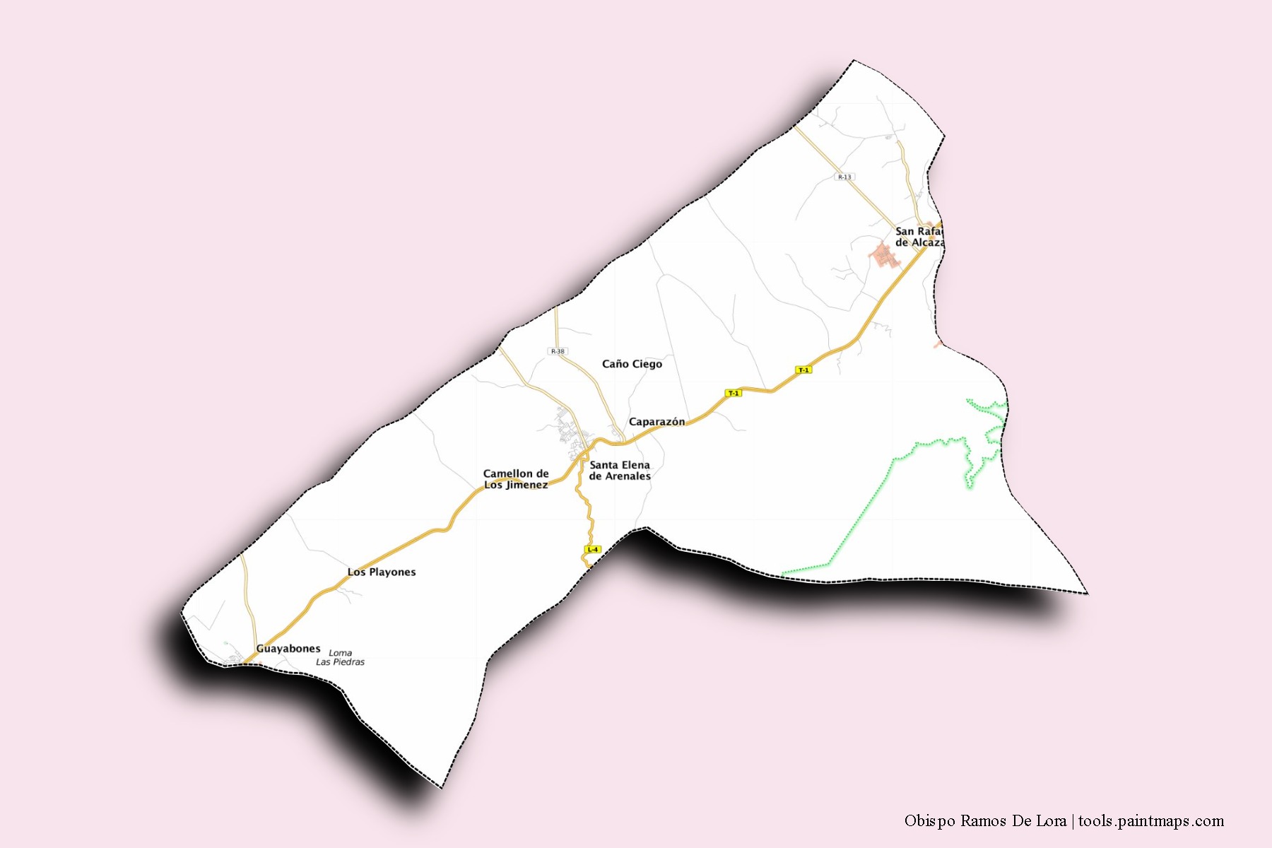 Mapa de barrios y pueblos de Obispo Ramos De Lora con efecto de sombra 3D