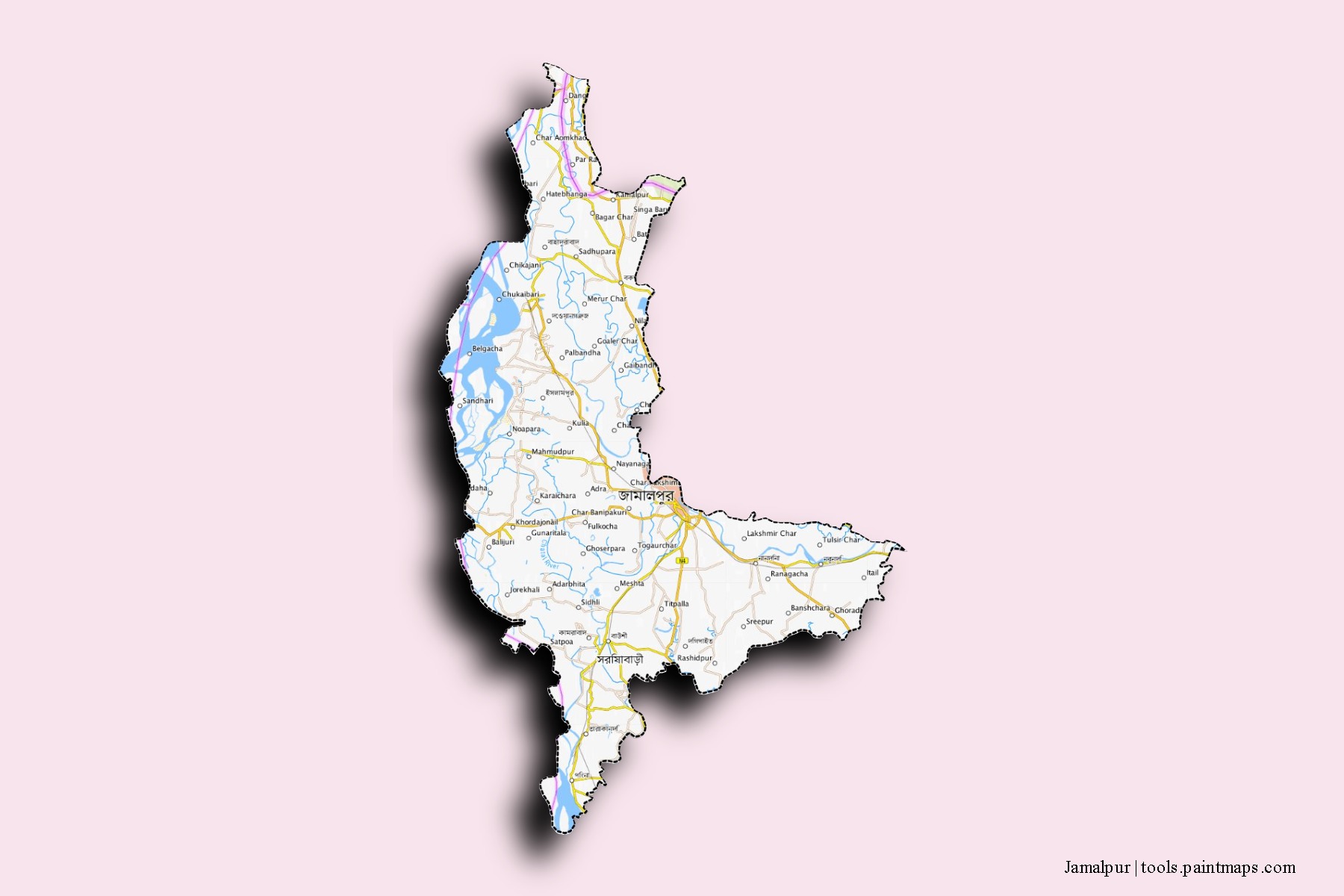 Mapa de barrios y pueblos de Jamalpur con efecto de sombra 3D