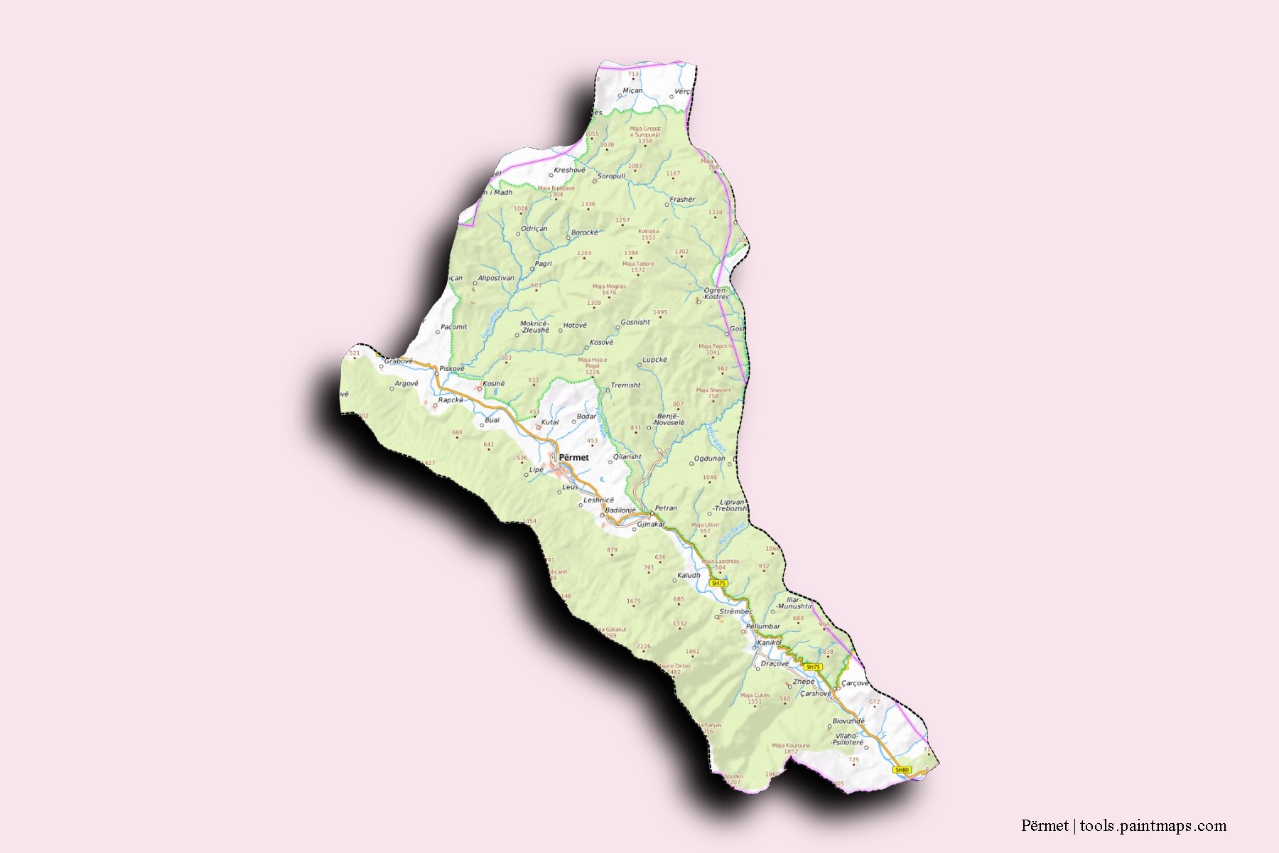 Mapa de barrios y pueblos de Përmet con efecto de sombra 3D