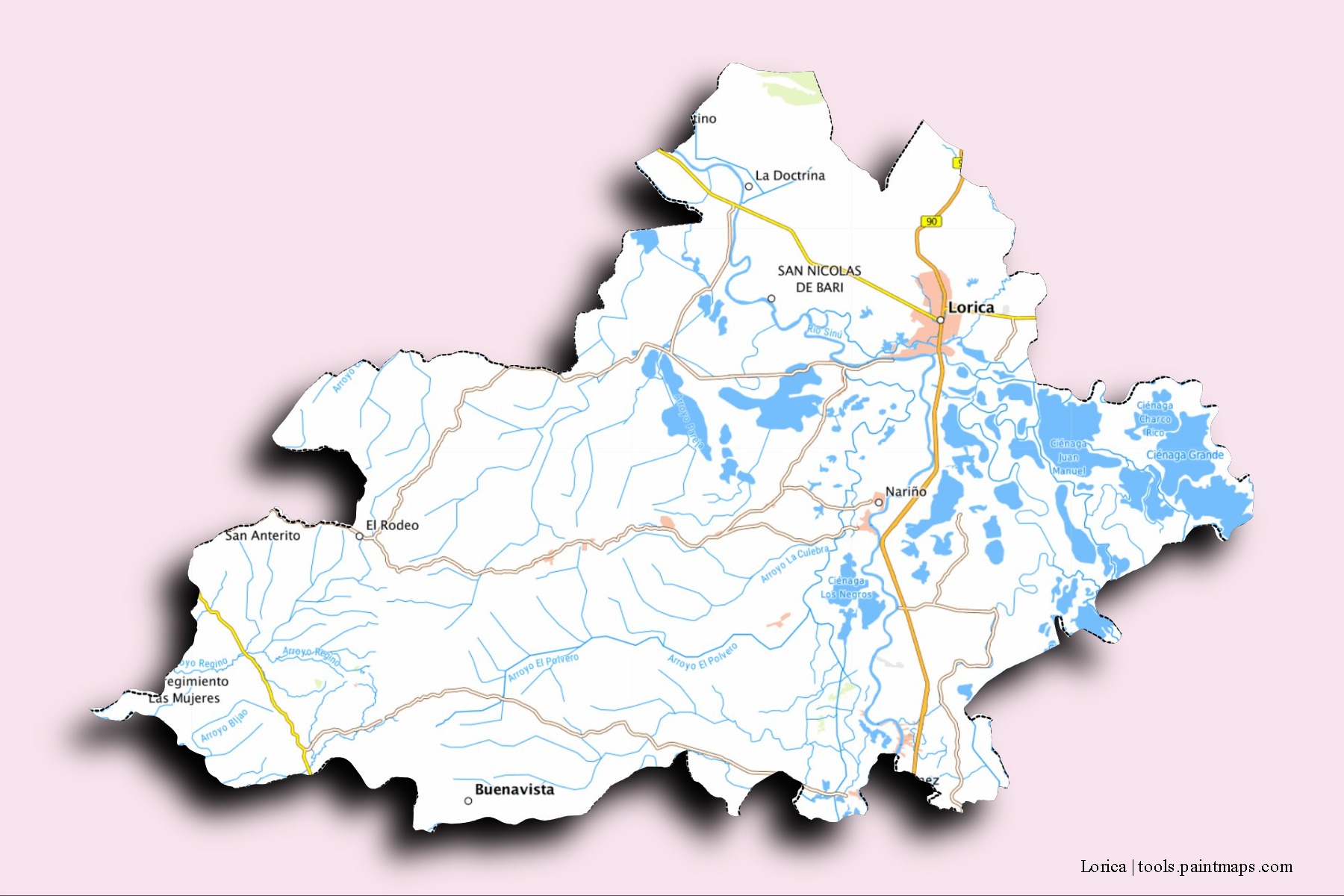 Lorica neighborhoods and villages map with 3D shadow effect