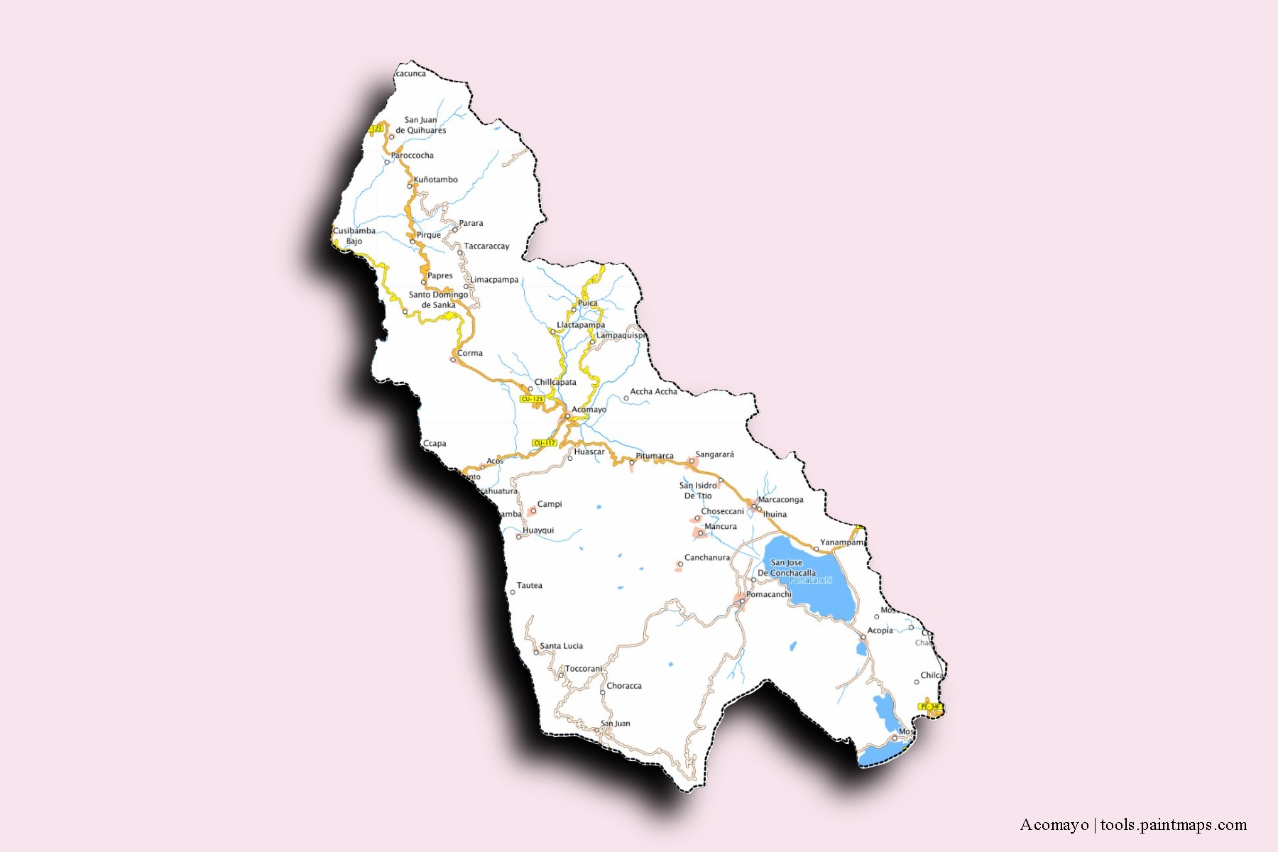 Mapa de barrios y pueblos de Acomayo con efecto de sombra 3D