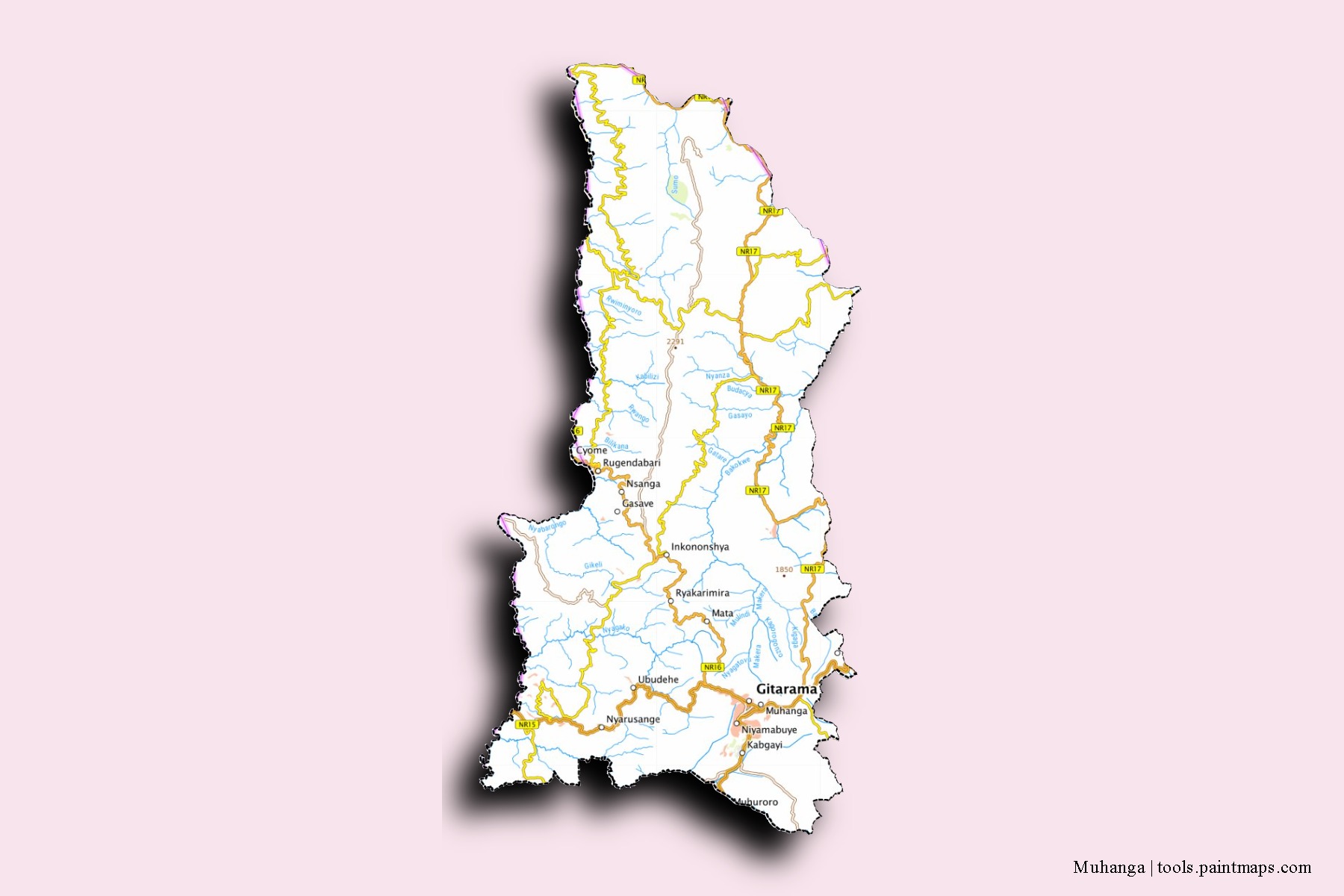 Mapa de barrios y pueblos de Muhanga con efecto de sombra 3D