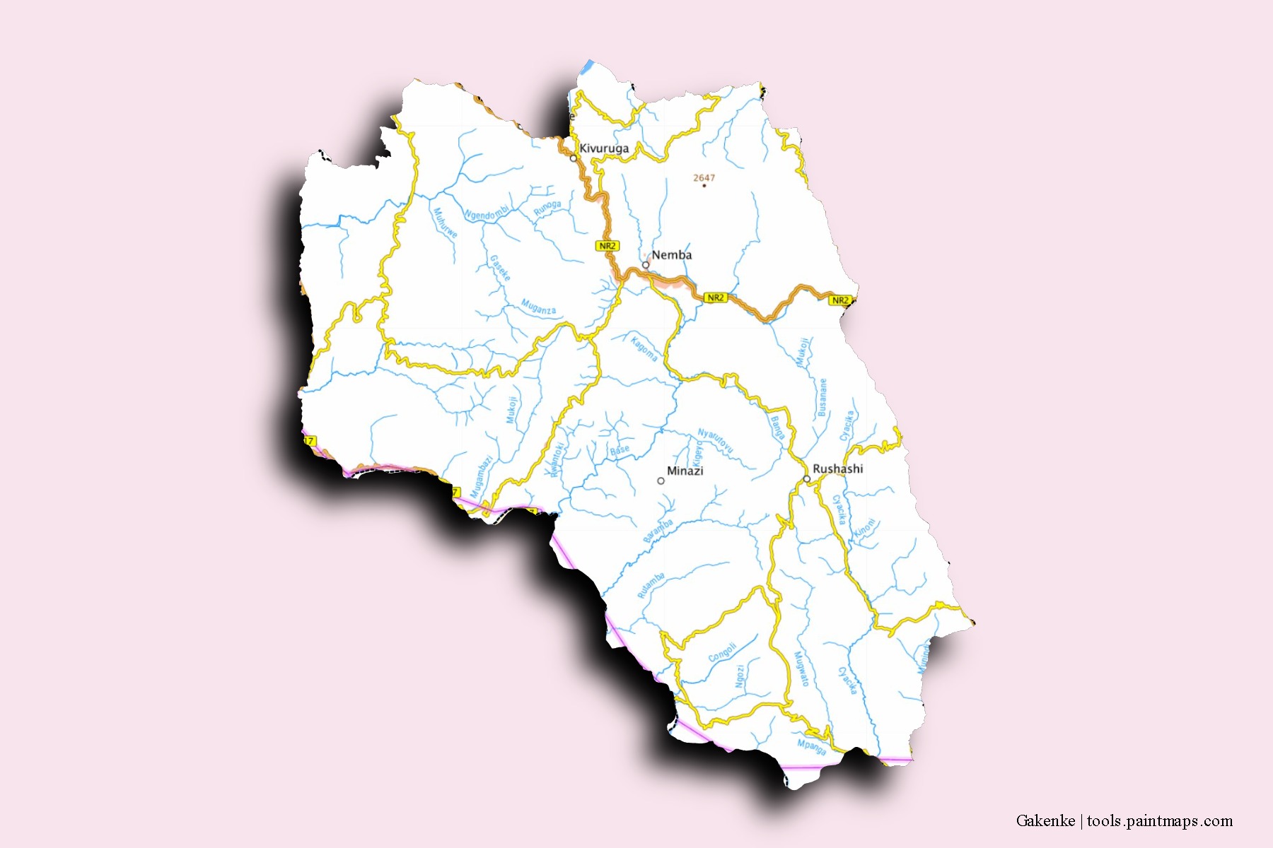 Mapa de barrios y pueblos de Gakenke con efecto de sombra 3D