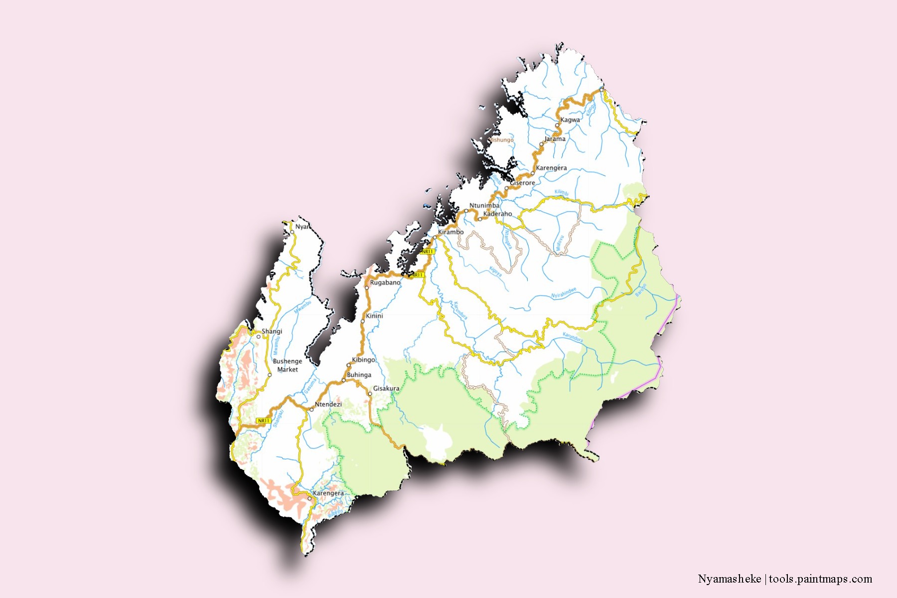 Mapa de barrios y pueblos de Nyamasheke con efecto de sombra 3D