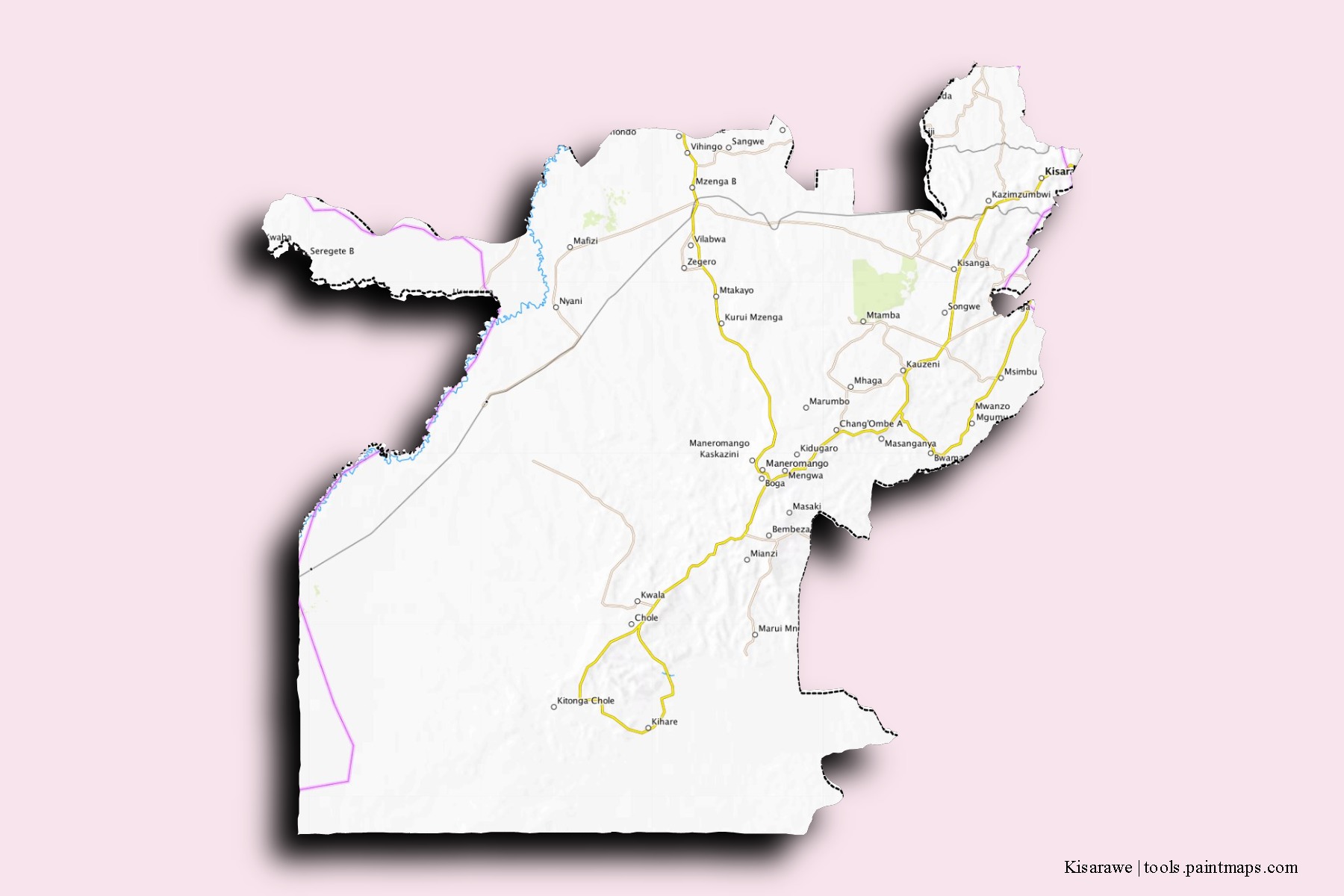 Mapa de barrios y pueblos de Kisarawe con efecto de sombra 3D