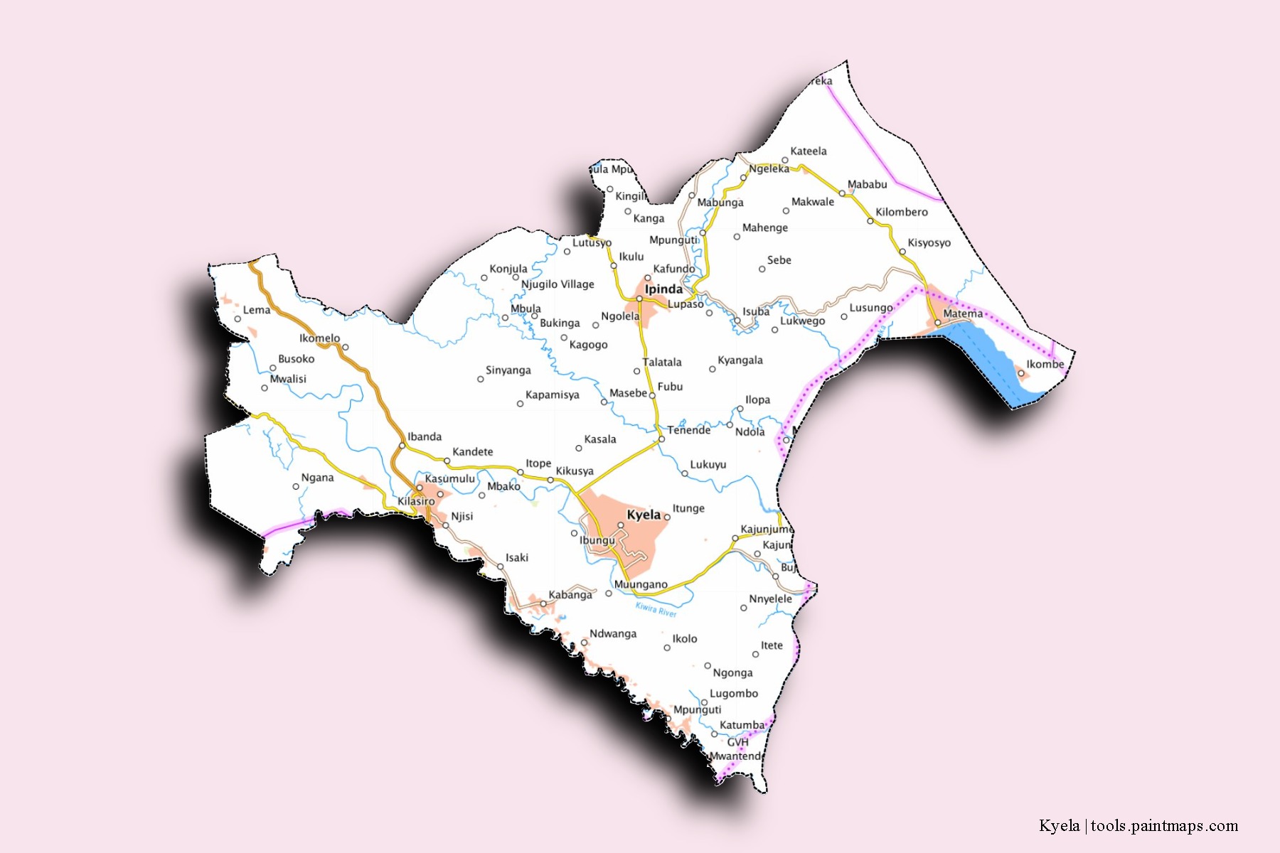 Mapa de barrios y pueblos de Kyela con efecto de sombra 3D