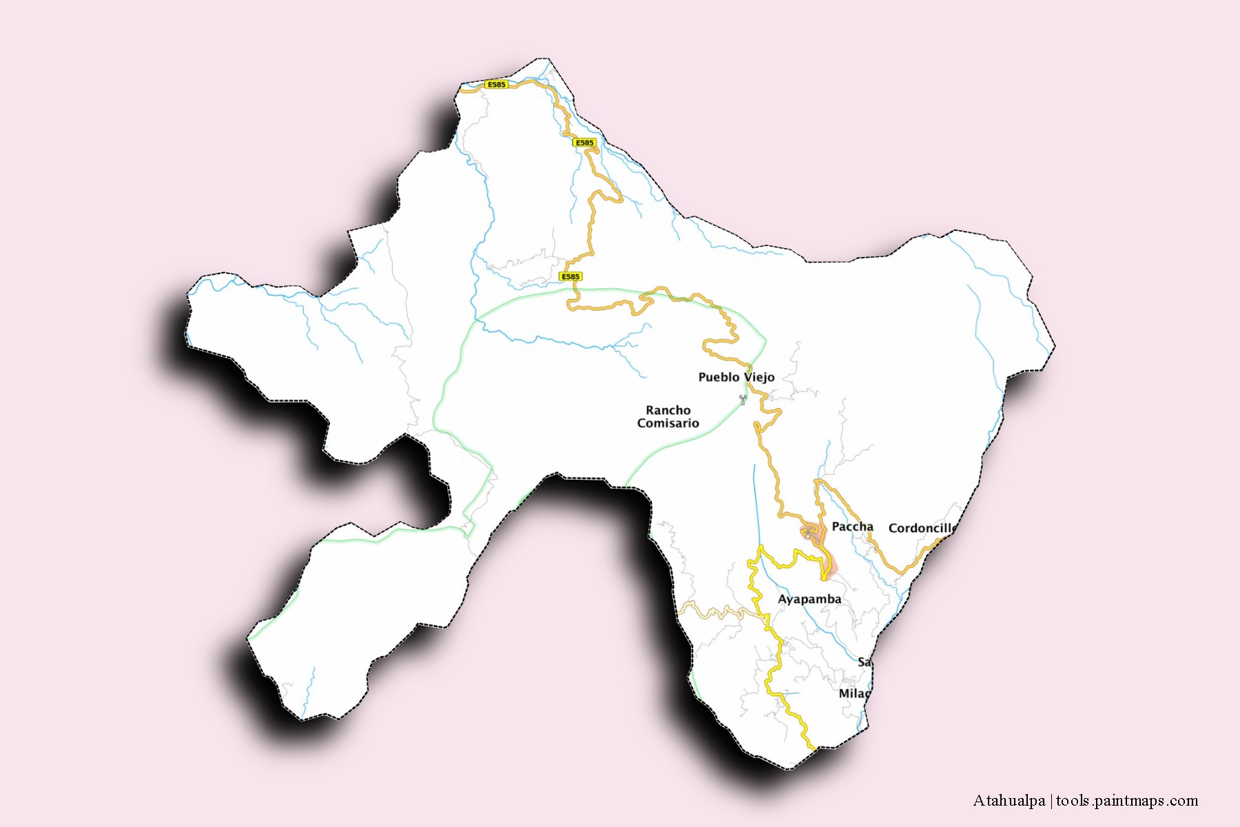 Mapa de barrios y pueblos de Atahualpa con efecto de sombra 3D