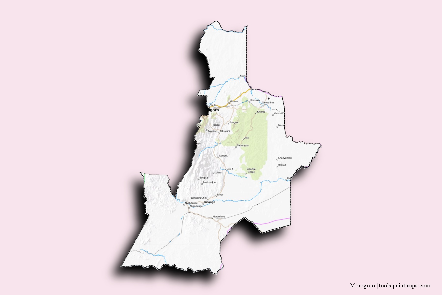 Mapa de barrios y pueblos de Morogoro con efecto de sombra 3D