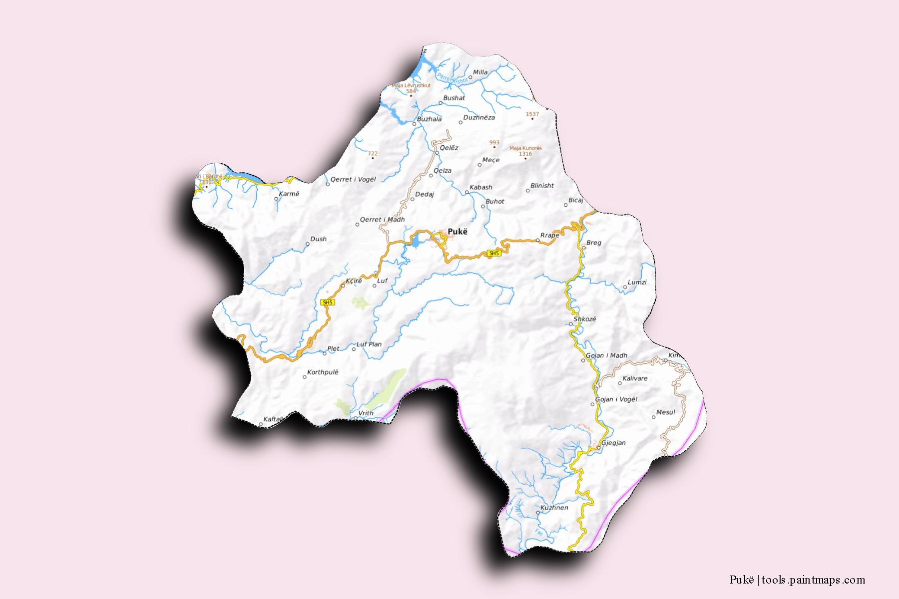 Mapa de barrios y pueblos de Pukë con efecto de sombra 3D