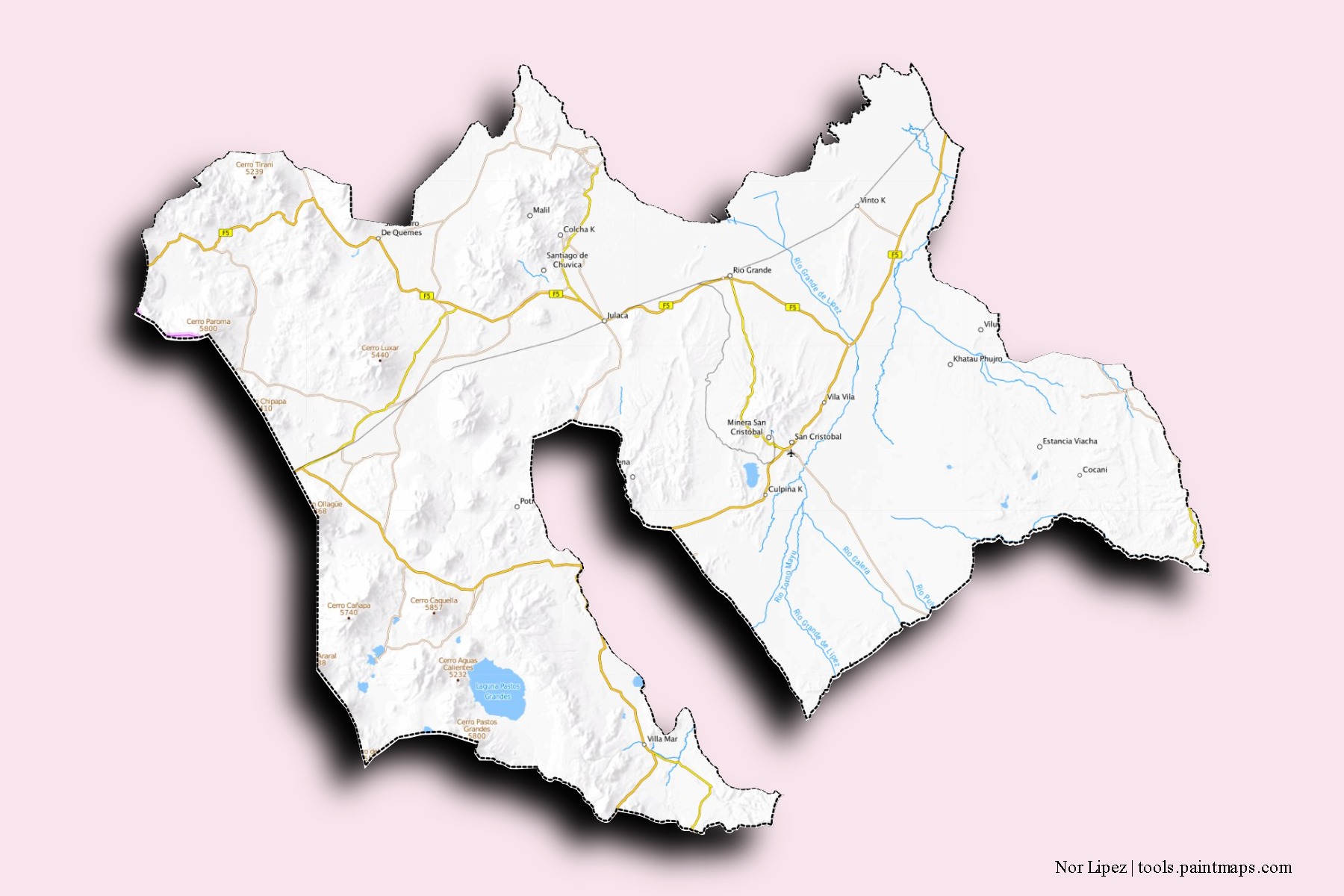 Mapa de barrios y pueblos de Nor Lipez con efecto de sombra 3D