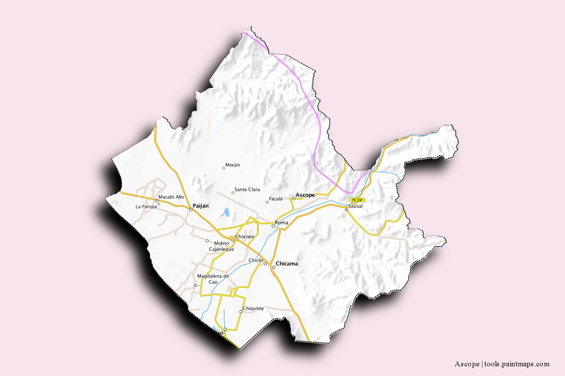 Mapa de barrios y pueblos de Ascope con efecto de sombra 3D