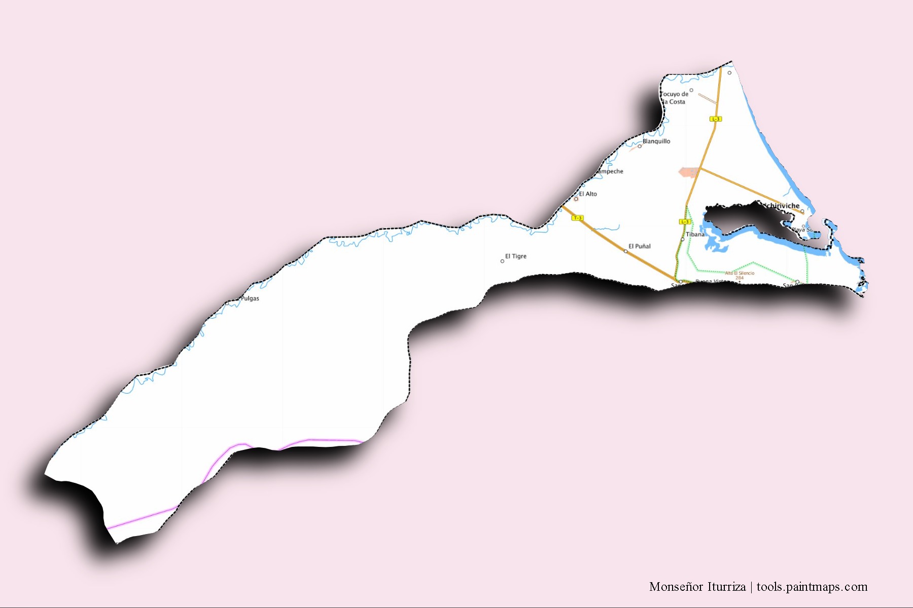 Mapa de barrios y pueblos de Monseñor Iturriza con efecto de sombra 3D