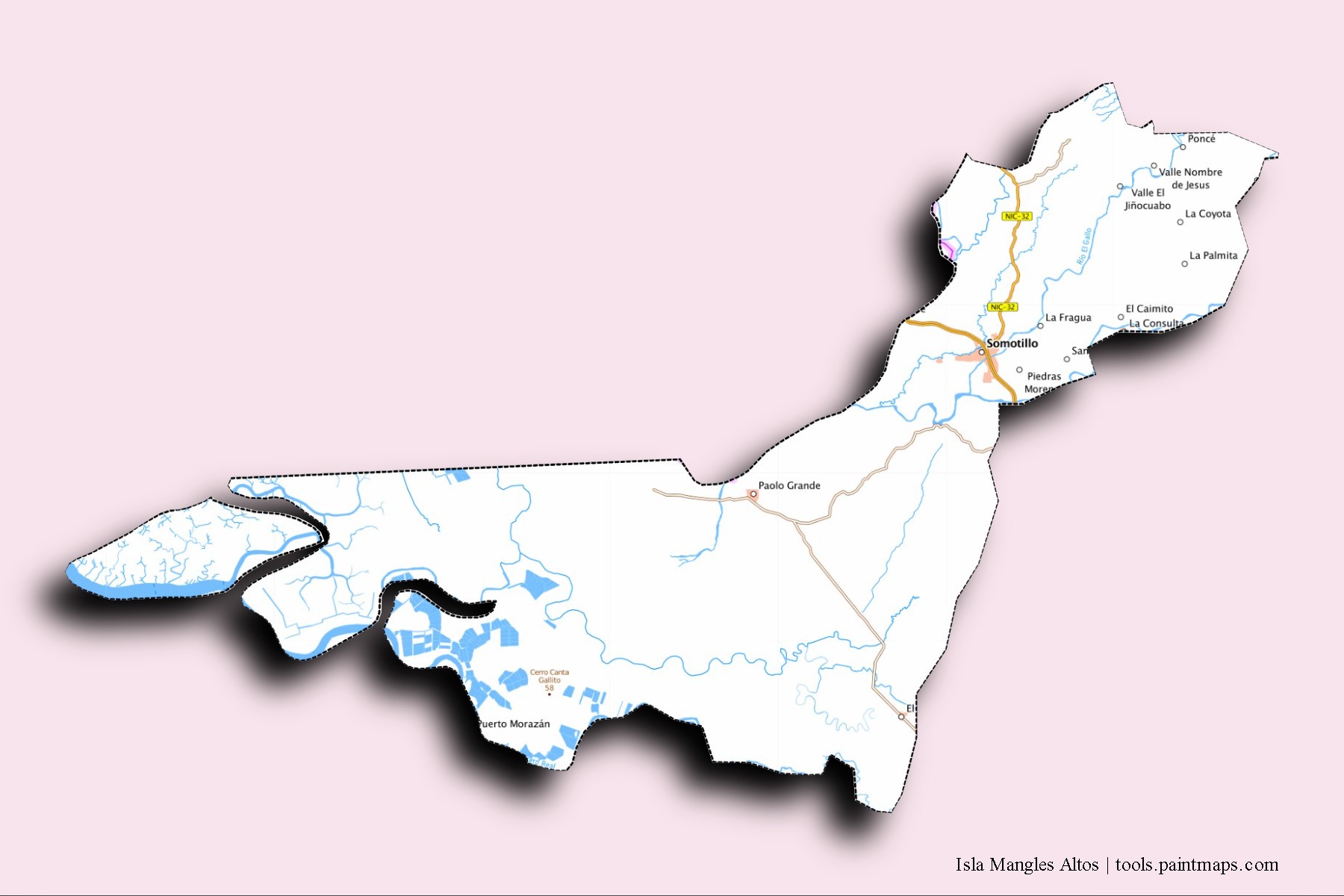 Mapa de barrios y pueblos de Isla Mangles Altos con efecto de sombra 3D