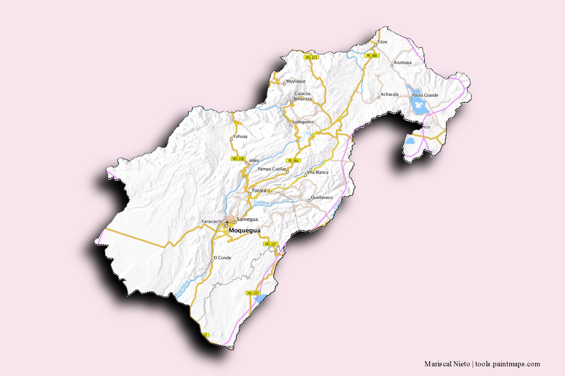 Mapa de barrios y pueblos de Mariscal Nieto con efecto de sombra 3D