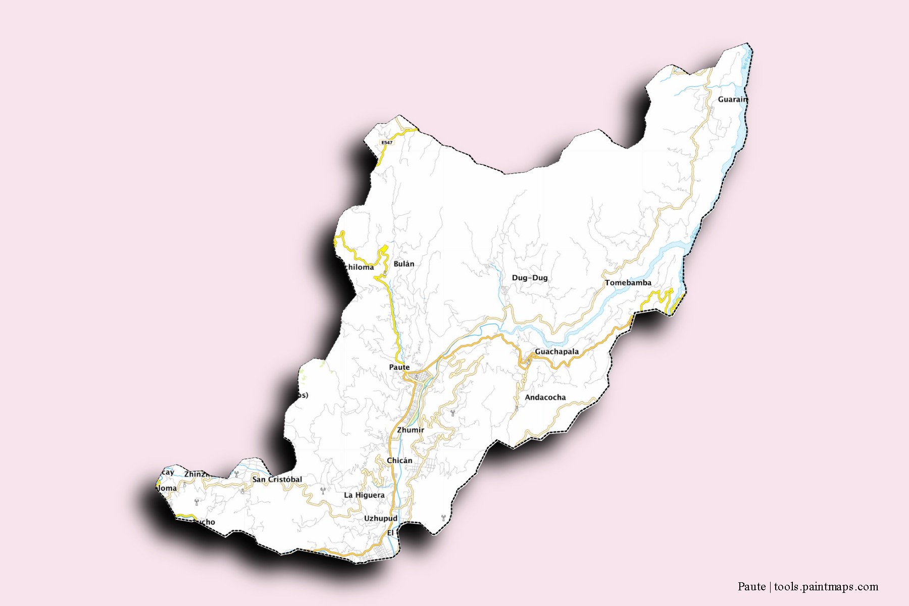 Mapa de barrios y pueblos de Paute con efecto de sombra 3D