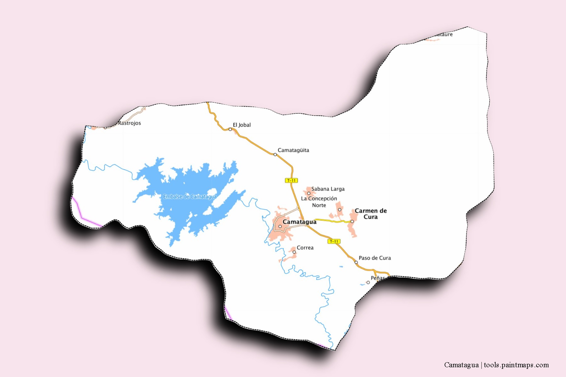 Mapa de barrios y pueblos de Camatagua con efecto de sombra 3D