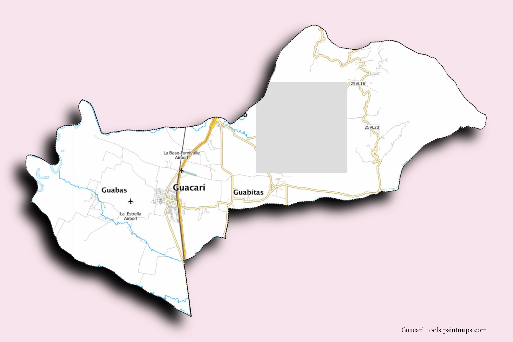 Mapa de barrios y pueblos de Guacarí con efecto de sombra 3D