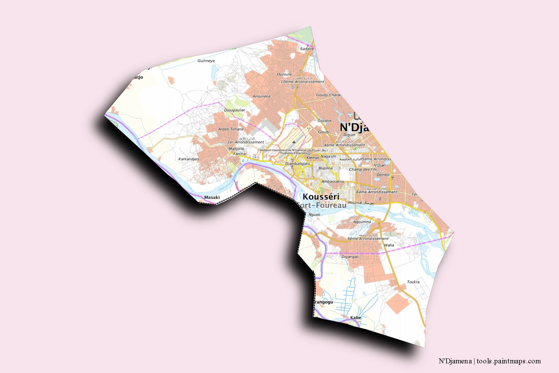 N’Djamena neighborhoods and villages map with 3D shadow effect