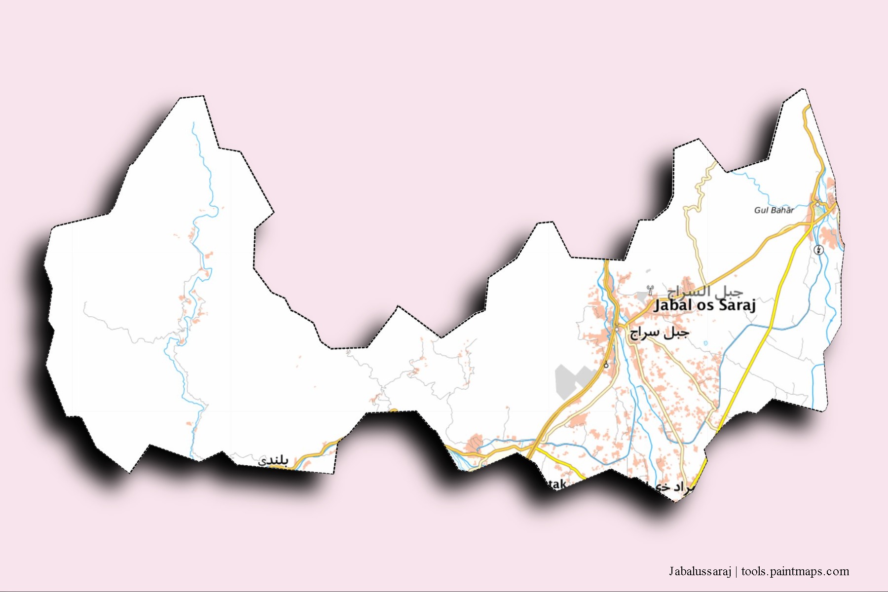 Jabalussaraj neighborhoods and villages map with 3D shadow effect