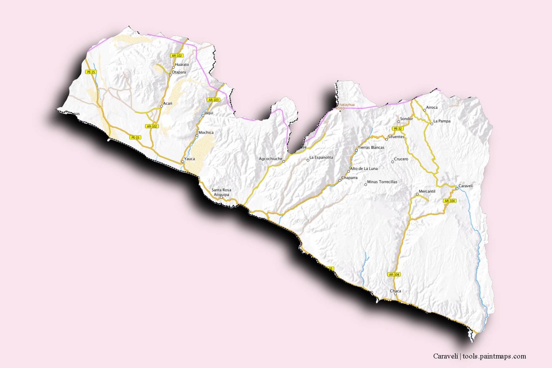 Caravelí neighborhoods and villages map with 3D shadow effect