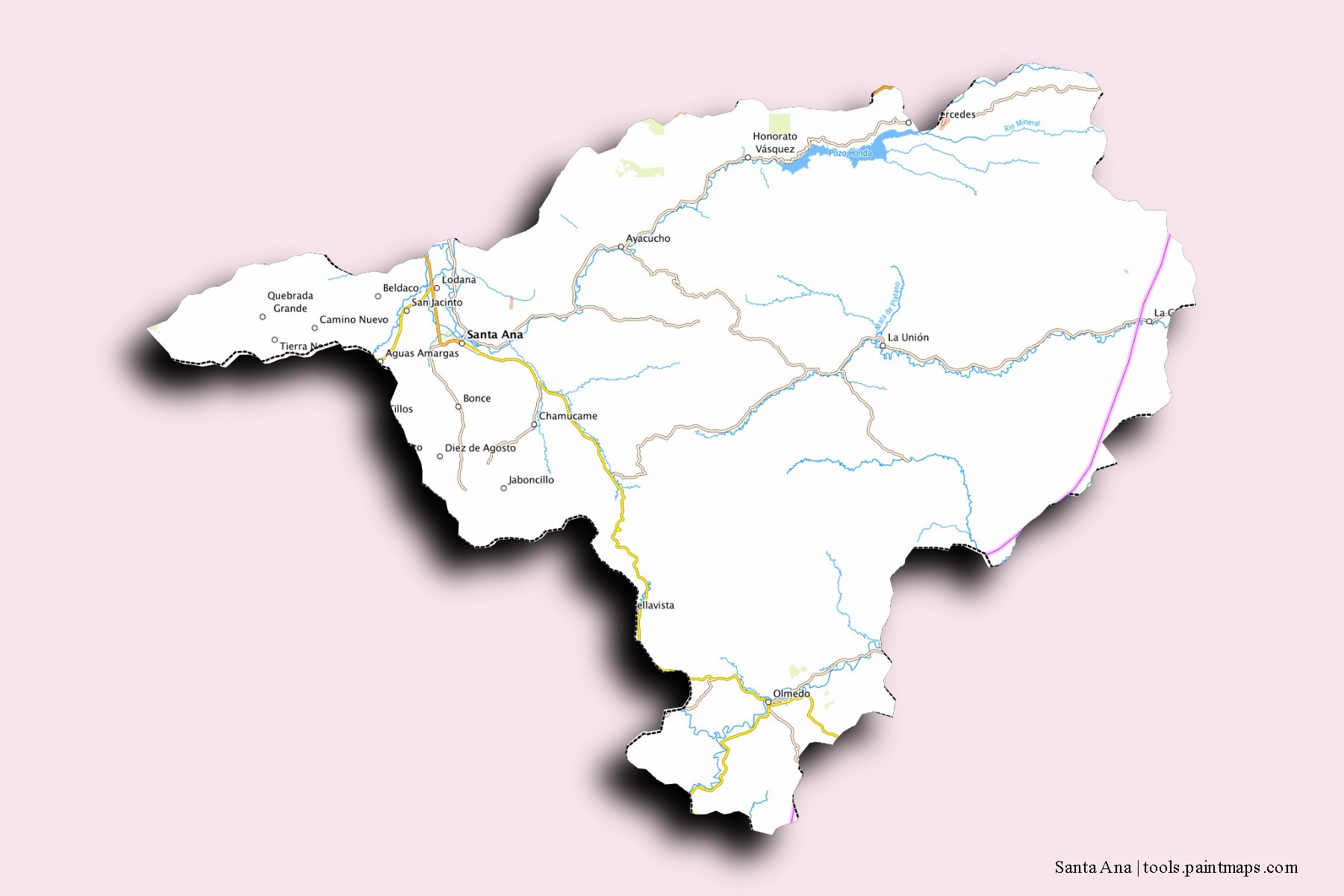 Santa Ana neighborhoods and villages map with 3D shadow effect