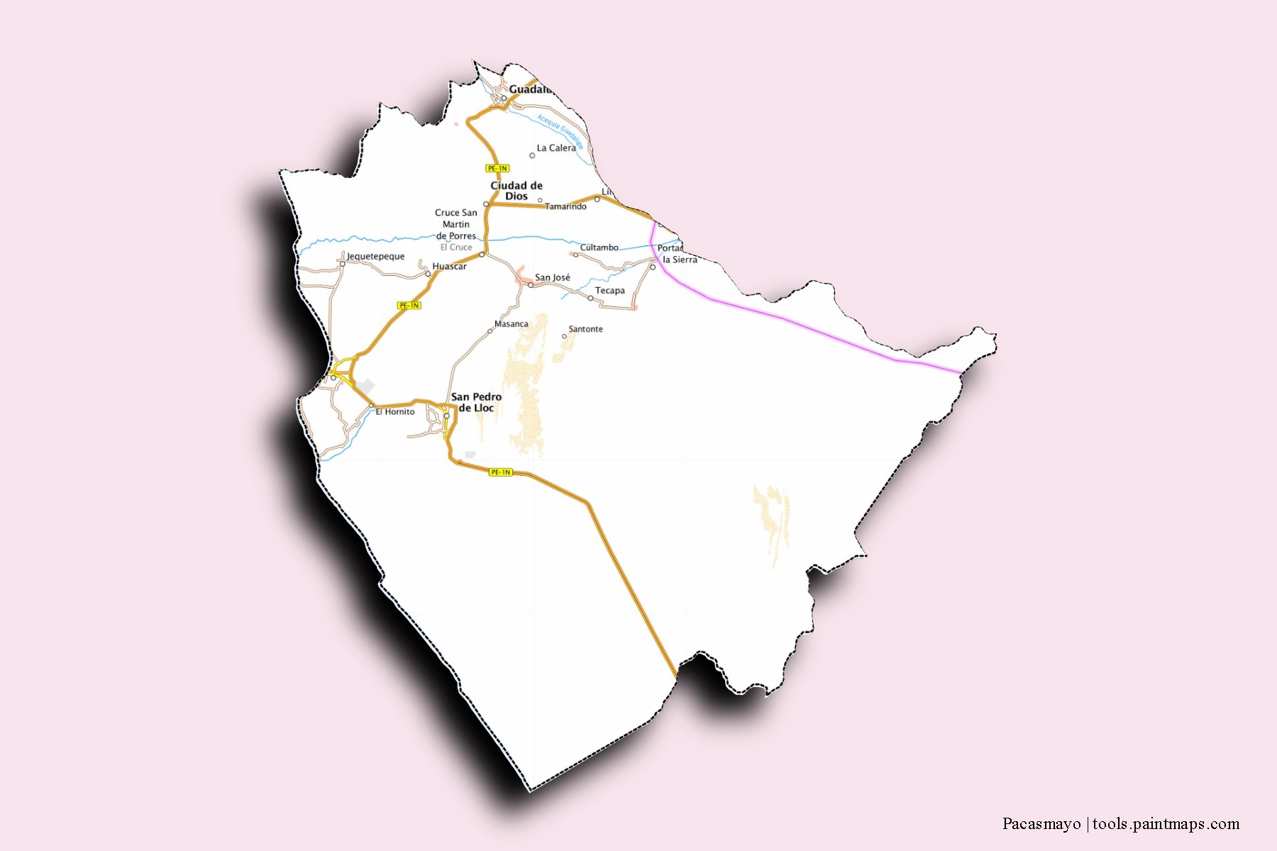 Pacasmayo neighborhoods and villages map with 3D shadow effect