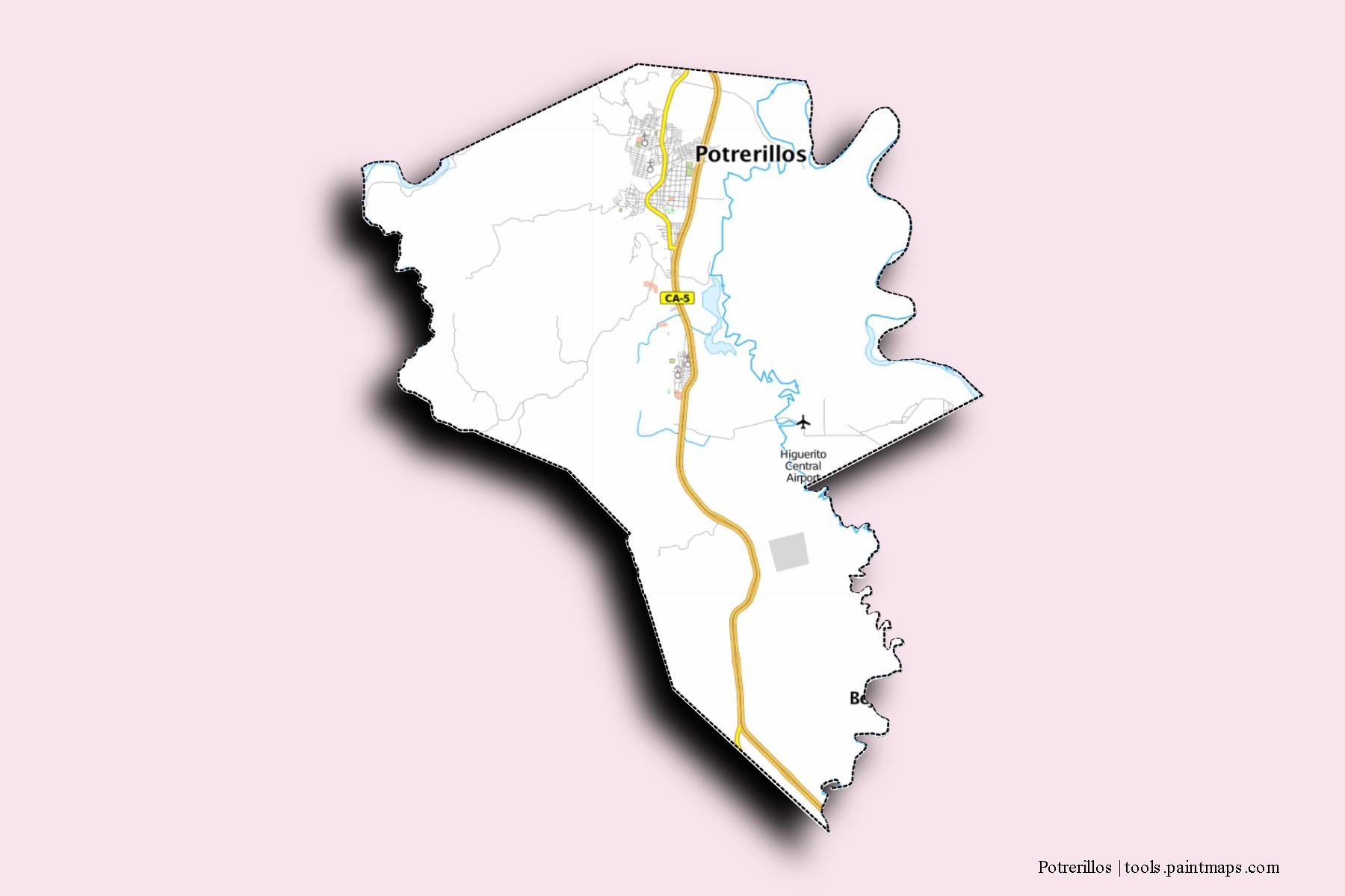 Potrerillos neighborhoods and villages map with 3D shadow effect