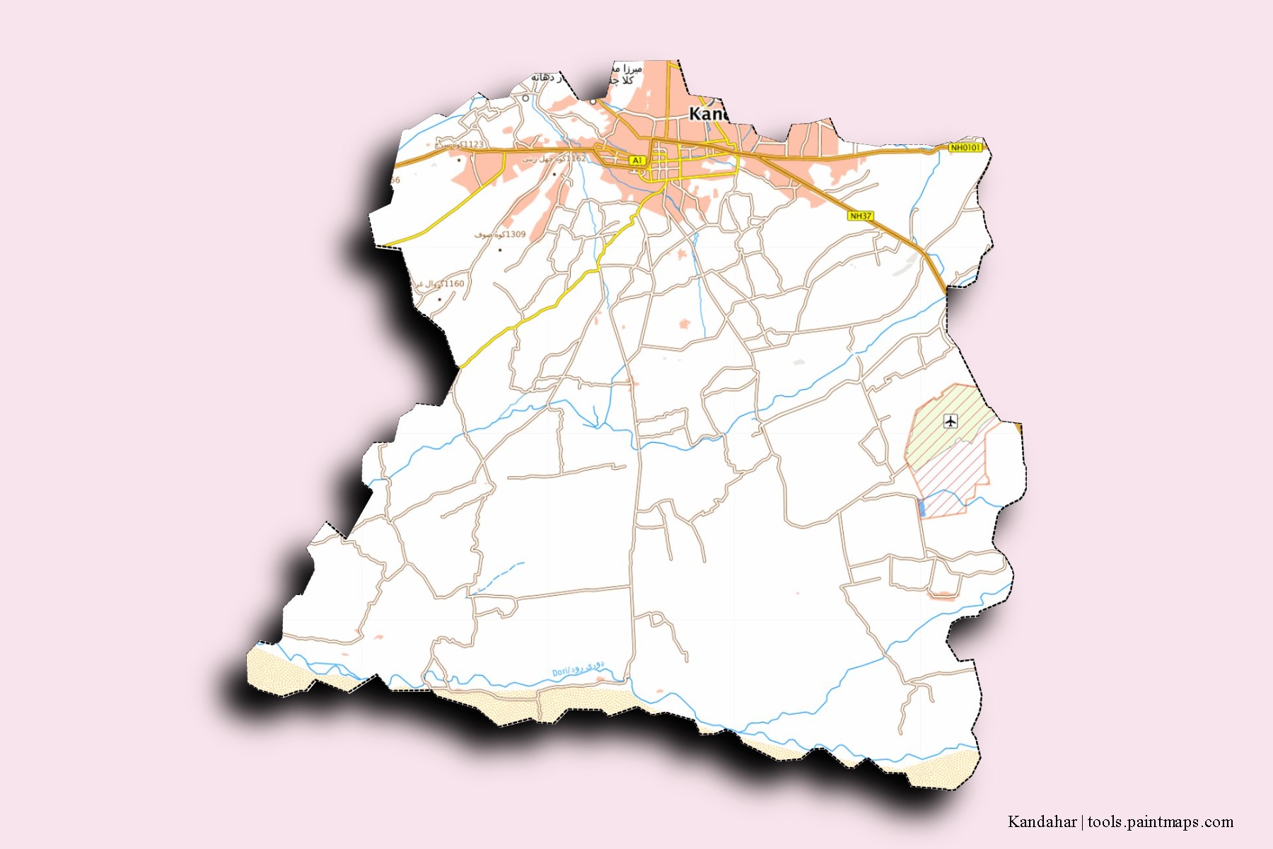 Kandahar neighborhoods and villages map with 3D shadow effect