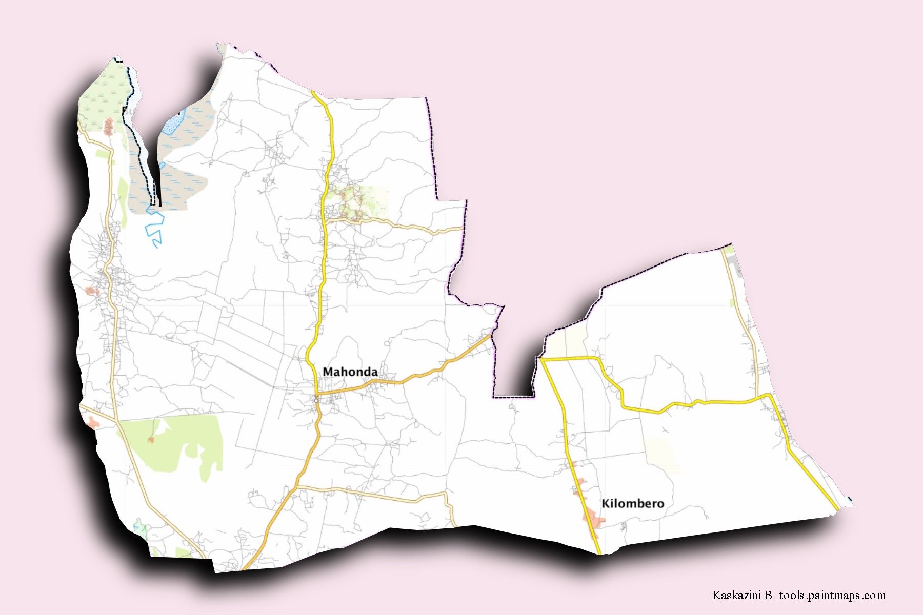 Kaskazini B neighborhoods and villages map with 3D shadow effect