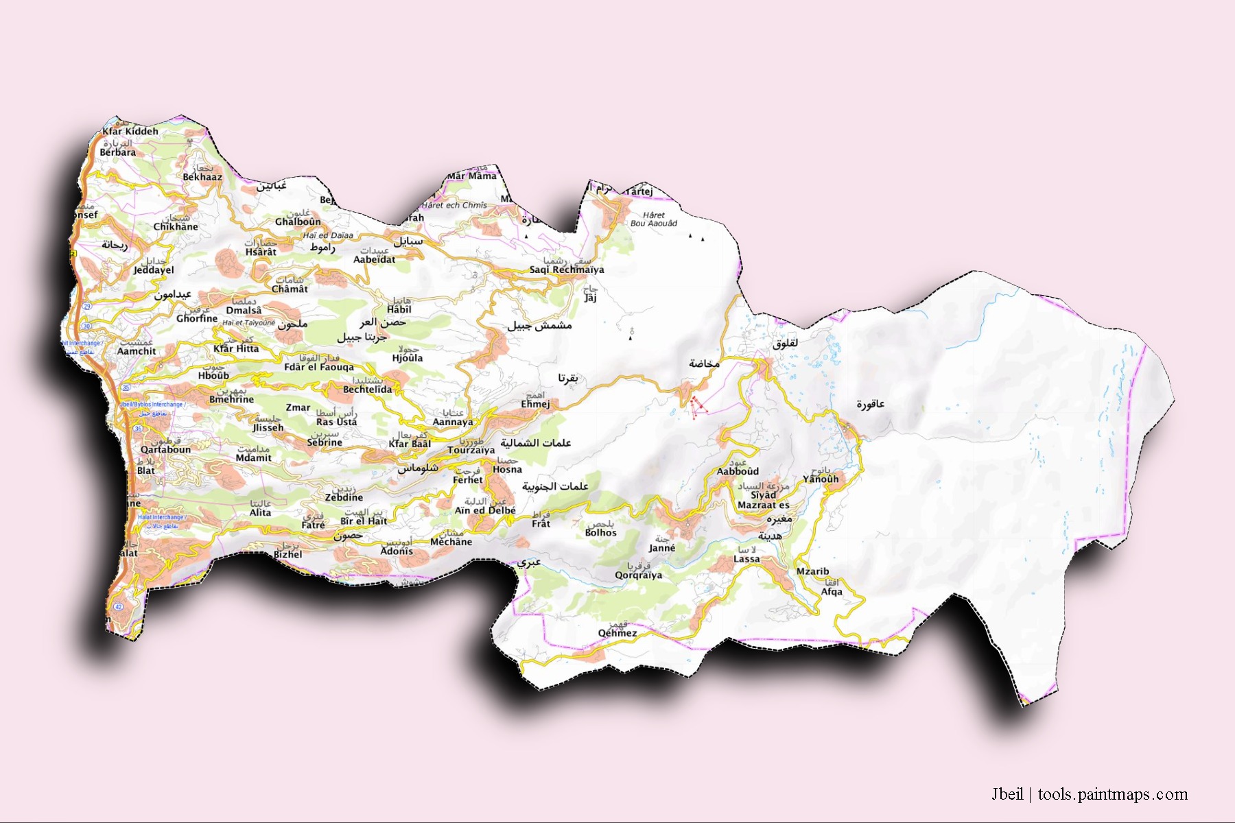 Jbayl neighborhoods and villages map with 3D shadow effect