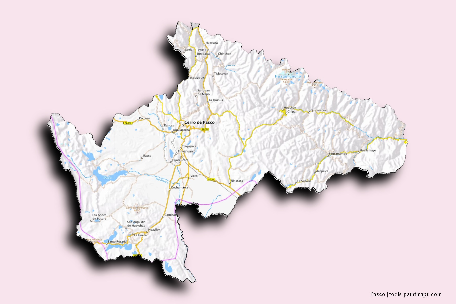 Mapa de barrios y pueblos de Pasco con efecto de sombra 3D