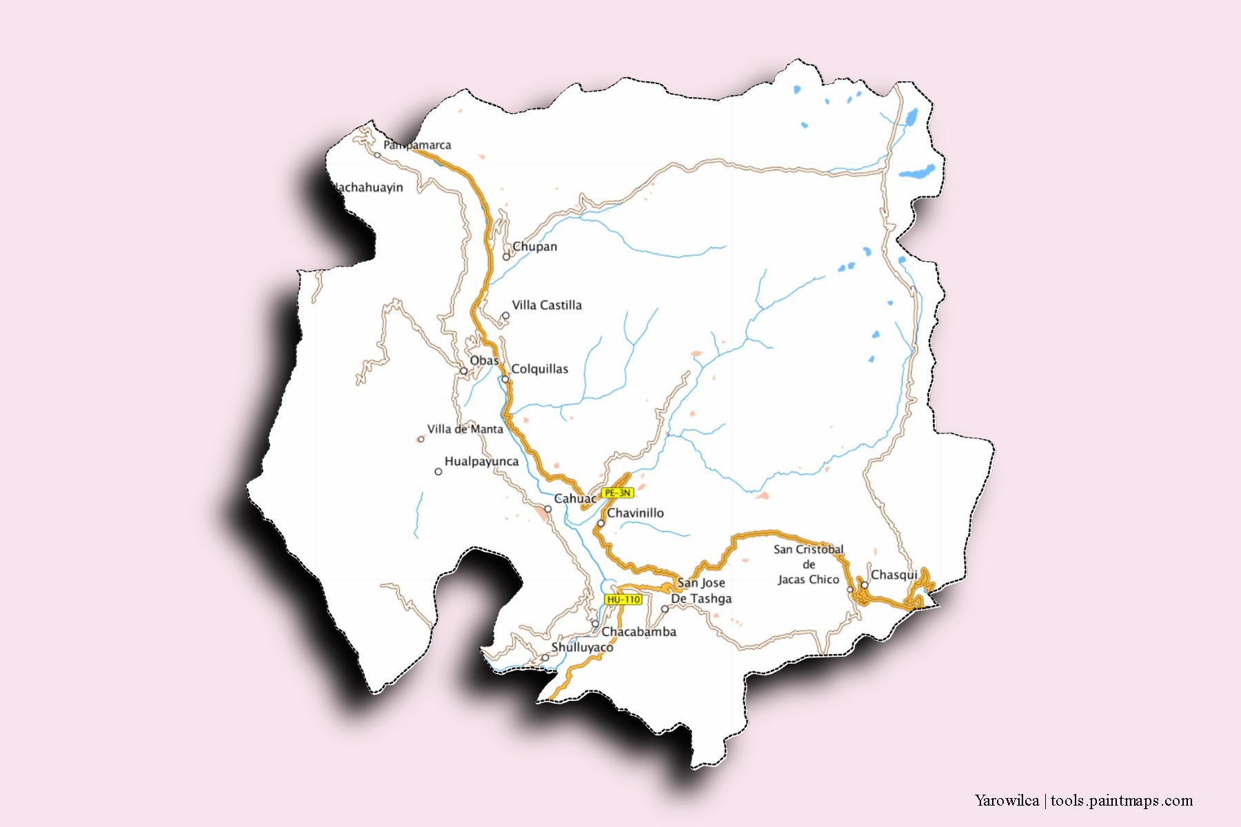 Mapa de barrios y pueblos de Yarowilca con efecto de sombra 3D