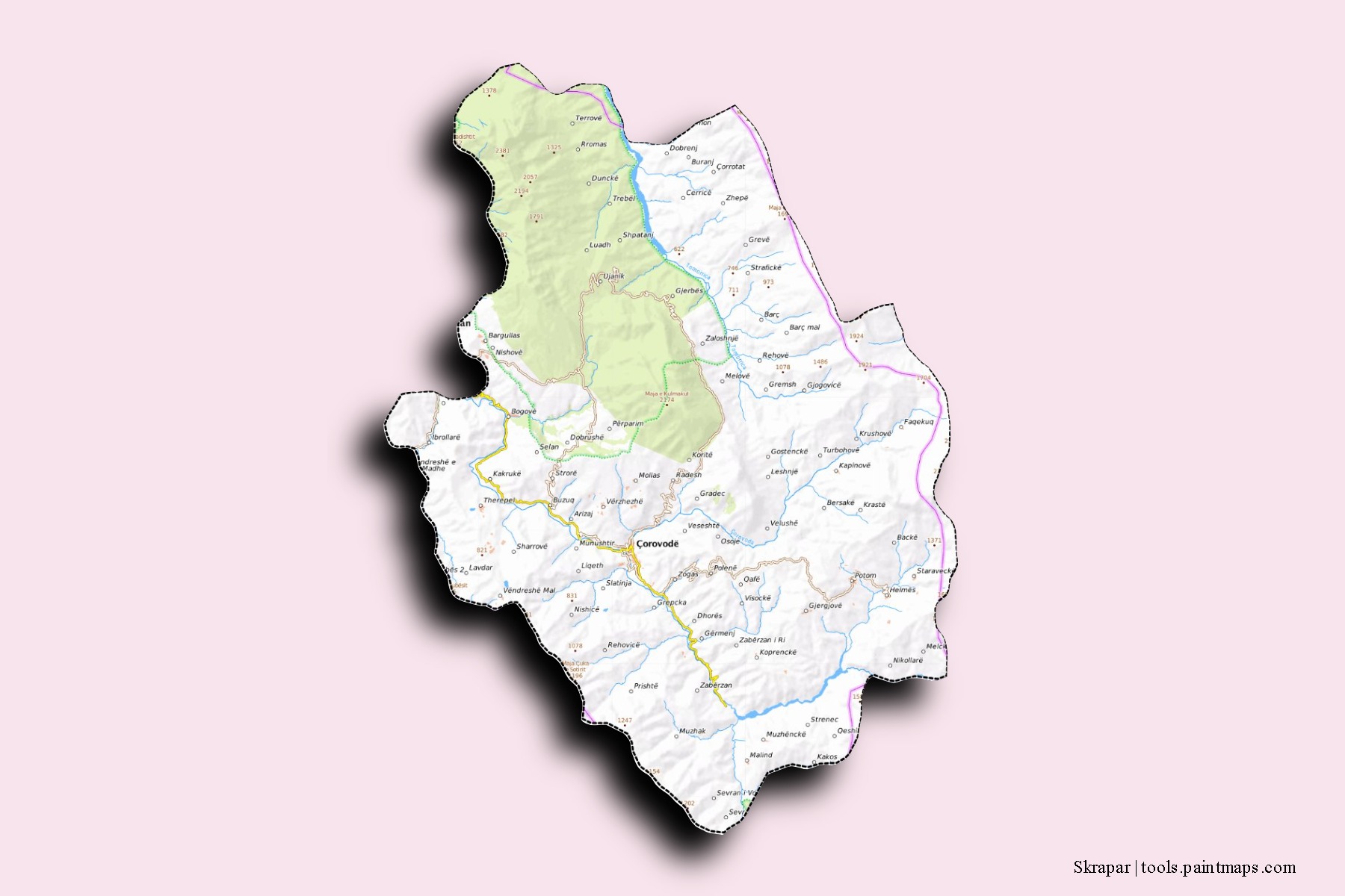 Mapa de barrios y pueblos de Skrapar con efecto de sombra 3D