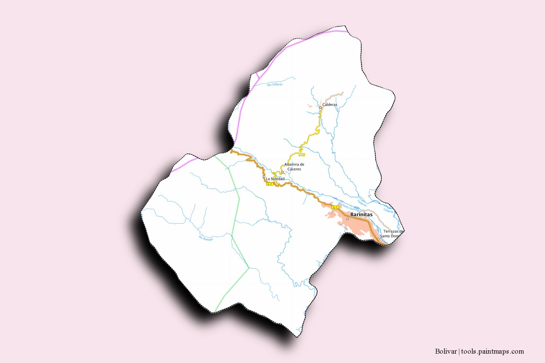 Mapa de barrios y pueblos de Bolivar con efecto de sombra 3D