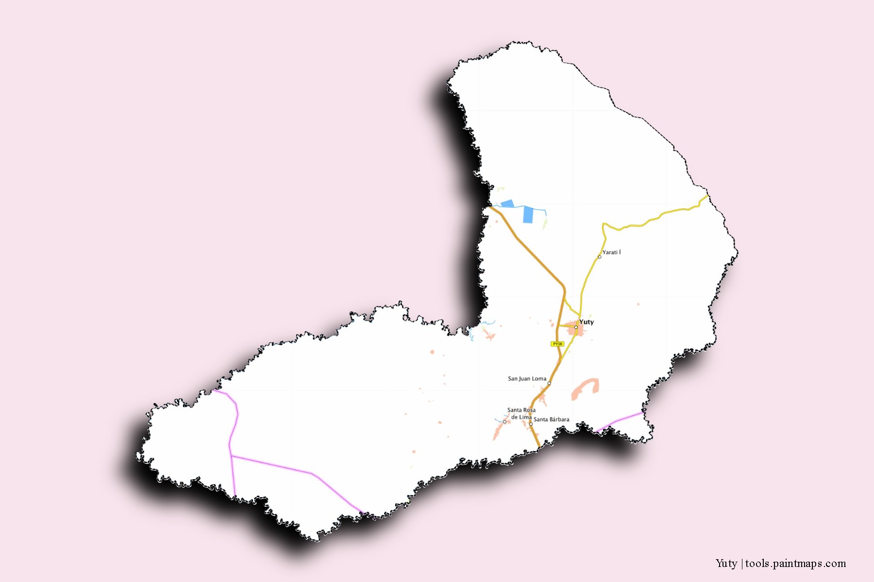 Mapa de barrios y pueblos de Yuty con efecto de sombra 3D