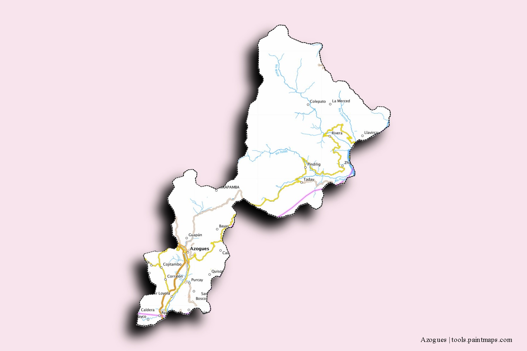 Mapa de barrios y pueblos de Azogues con efecto de sombra 3D