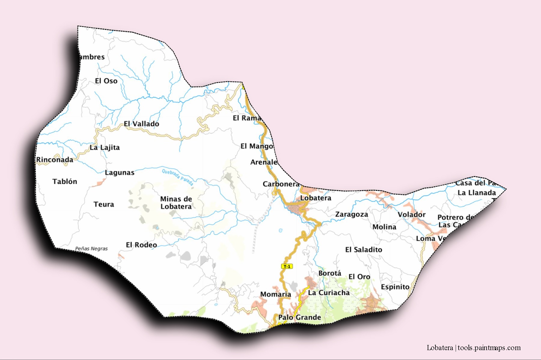 Mapa de barrios y pueblos de Lobatera con efecto de sombra 3D