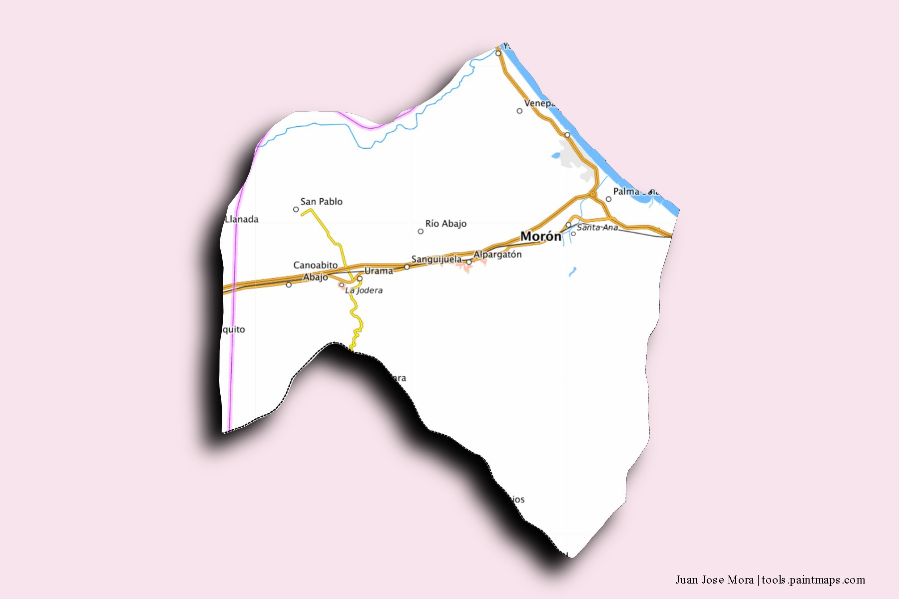 Mapa de barrios y pueblos de Juan Jose Mora con efecto de sombra 3D