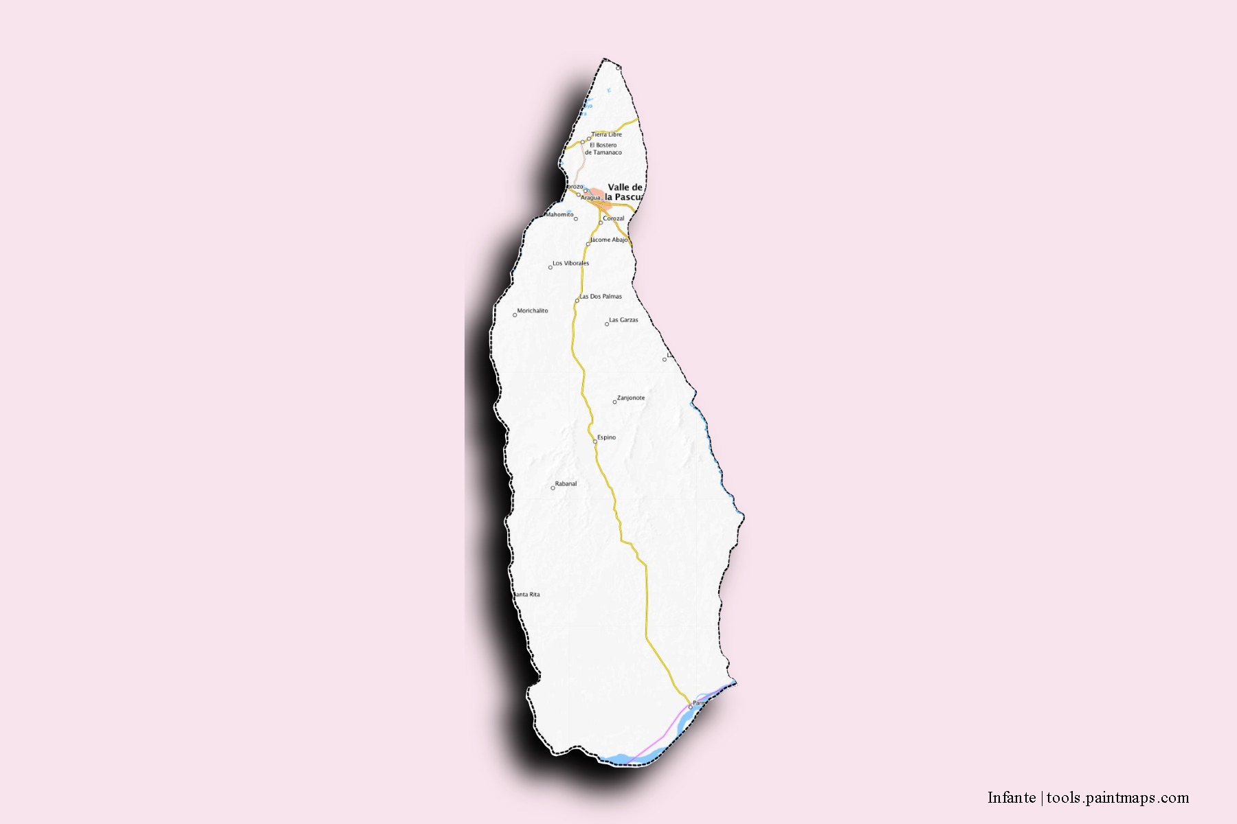 Mapa de barrios y pueblos de Infante con efecto de sombra 3D