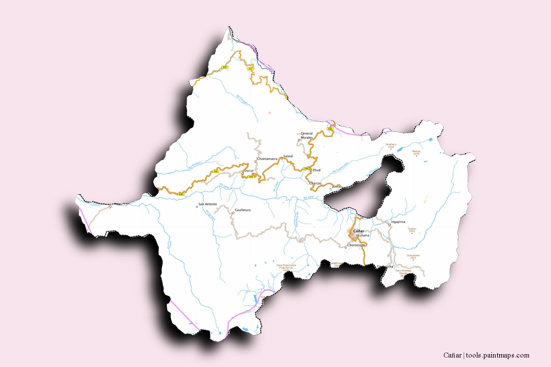 Cañar neighborhoods and villages map with 3D shadow effect