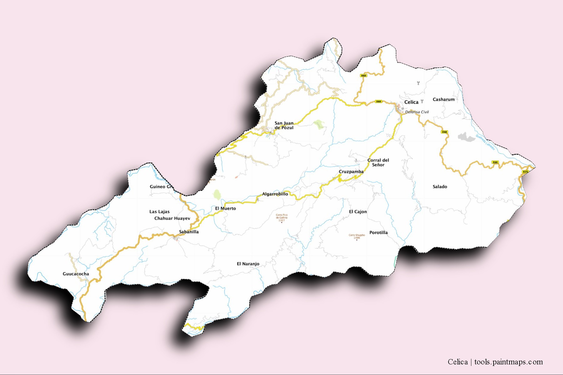 Mapa de barrios y pueblos de Celica con efecto de sombra 3D