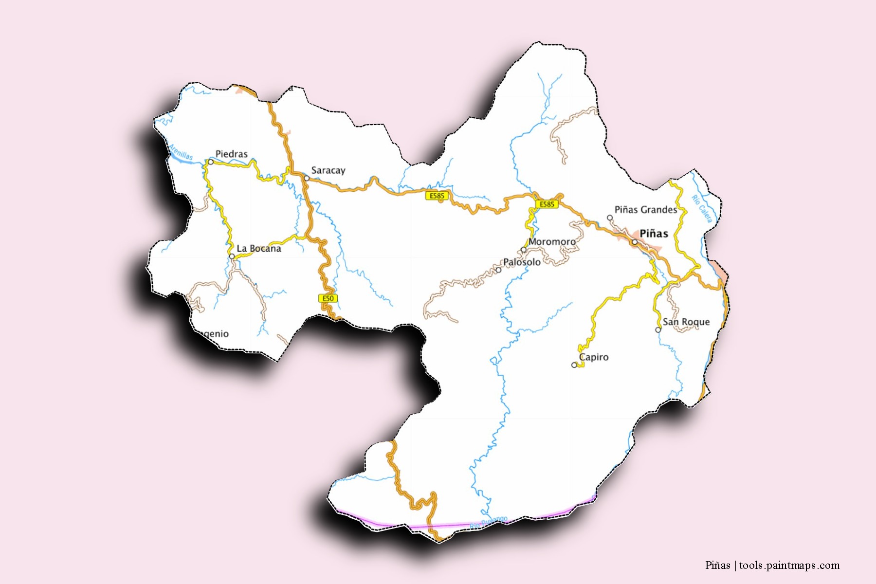 Mapa de barrios y pueblos de Piñas con efecto de sombra 3D