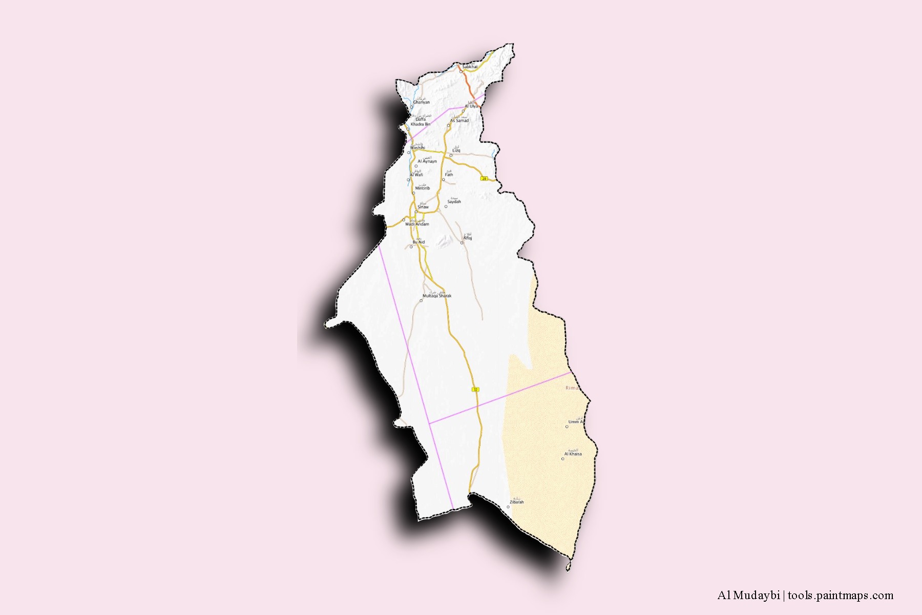 Mapa de barrios y pueblos de Al Mudaybi con efecto de sombra 3D