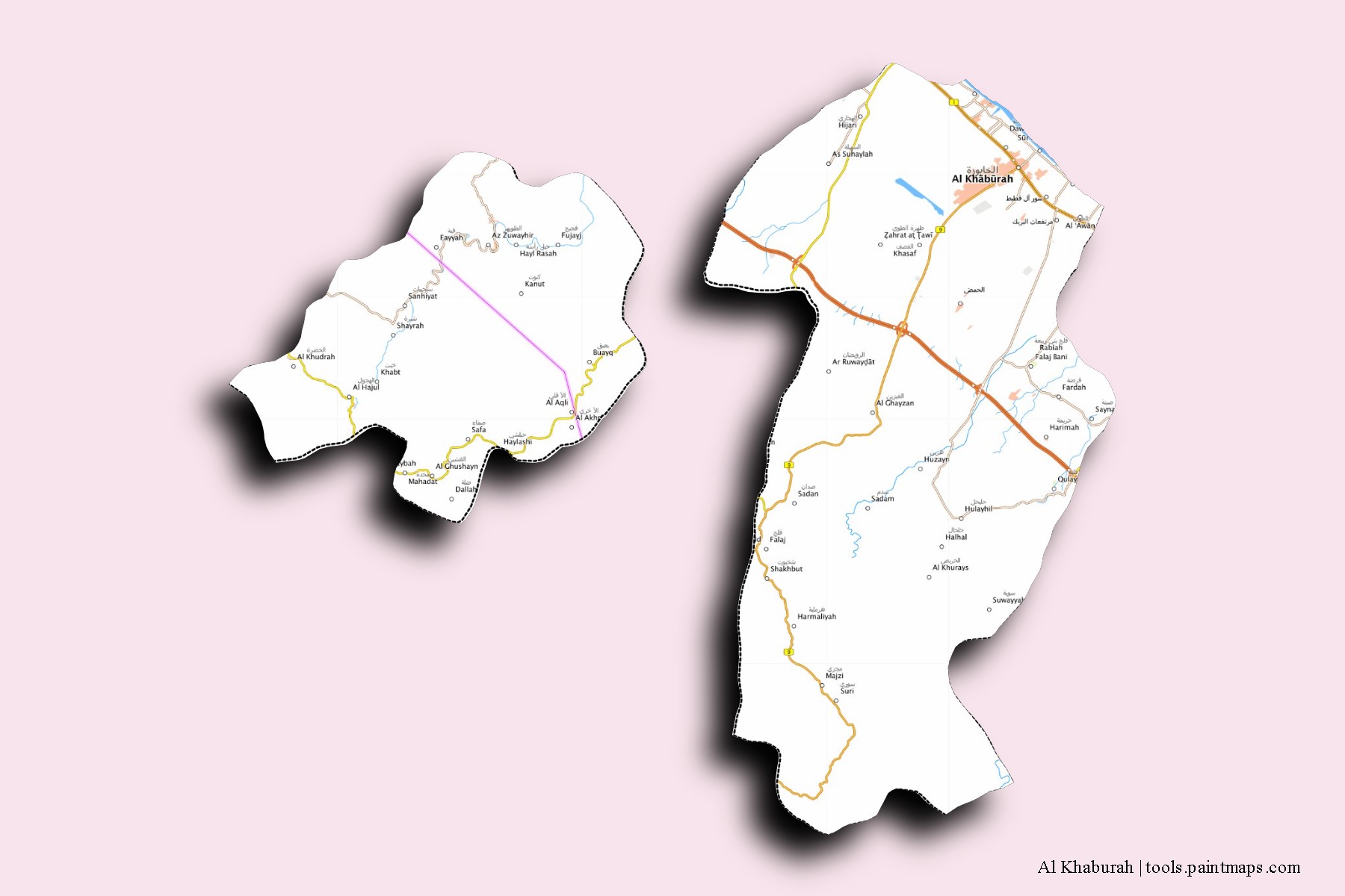 Mapa de barrios y pueblos de Al Khaburah con efecto de sombra 3D