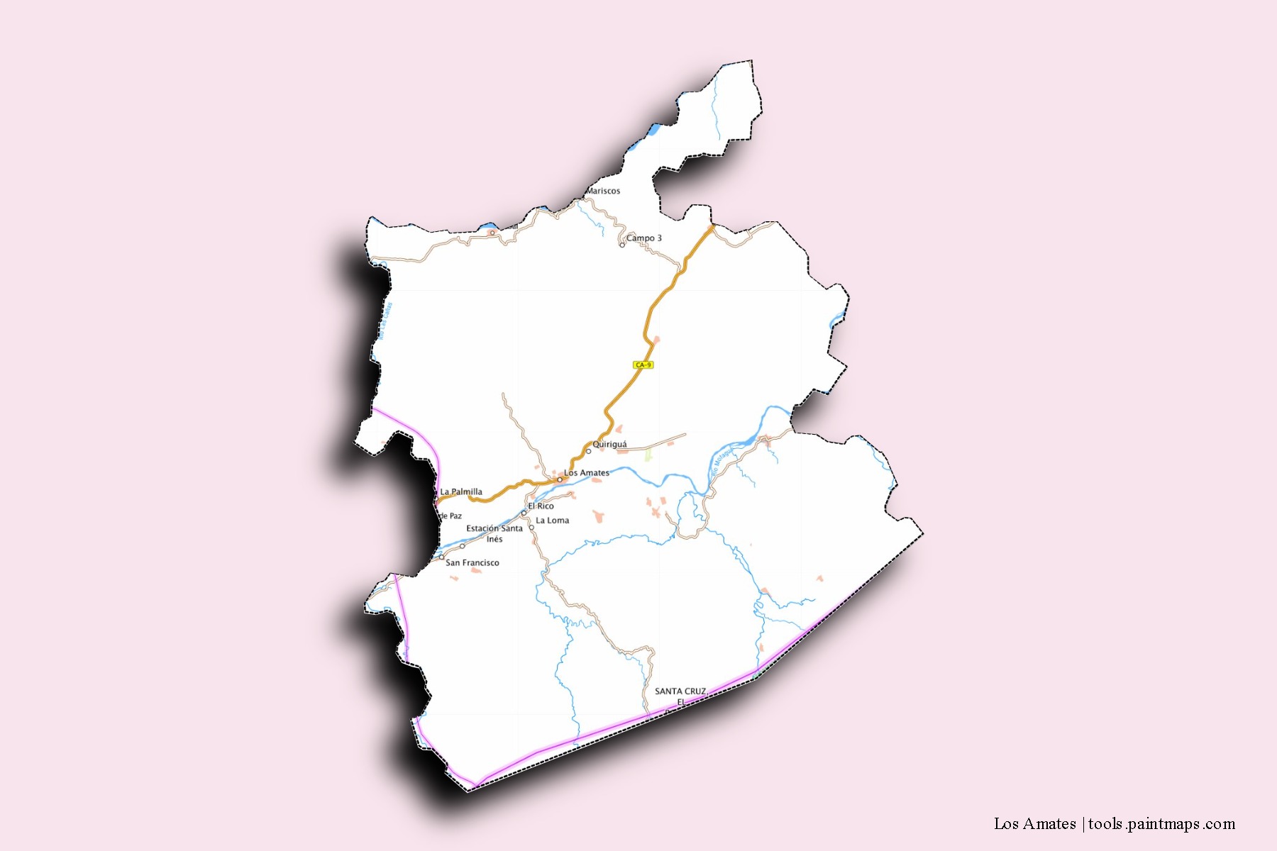 Mapa de barrios y pueblos de Los Amates con efecto de sombra 3D