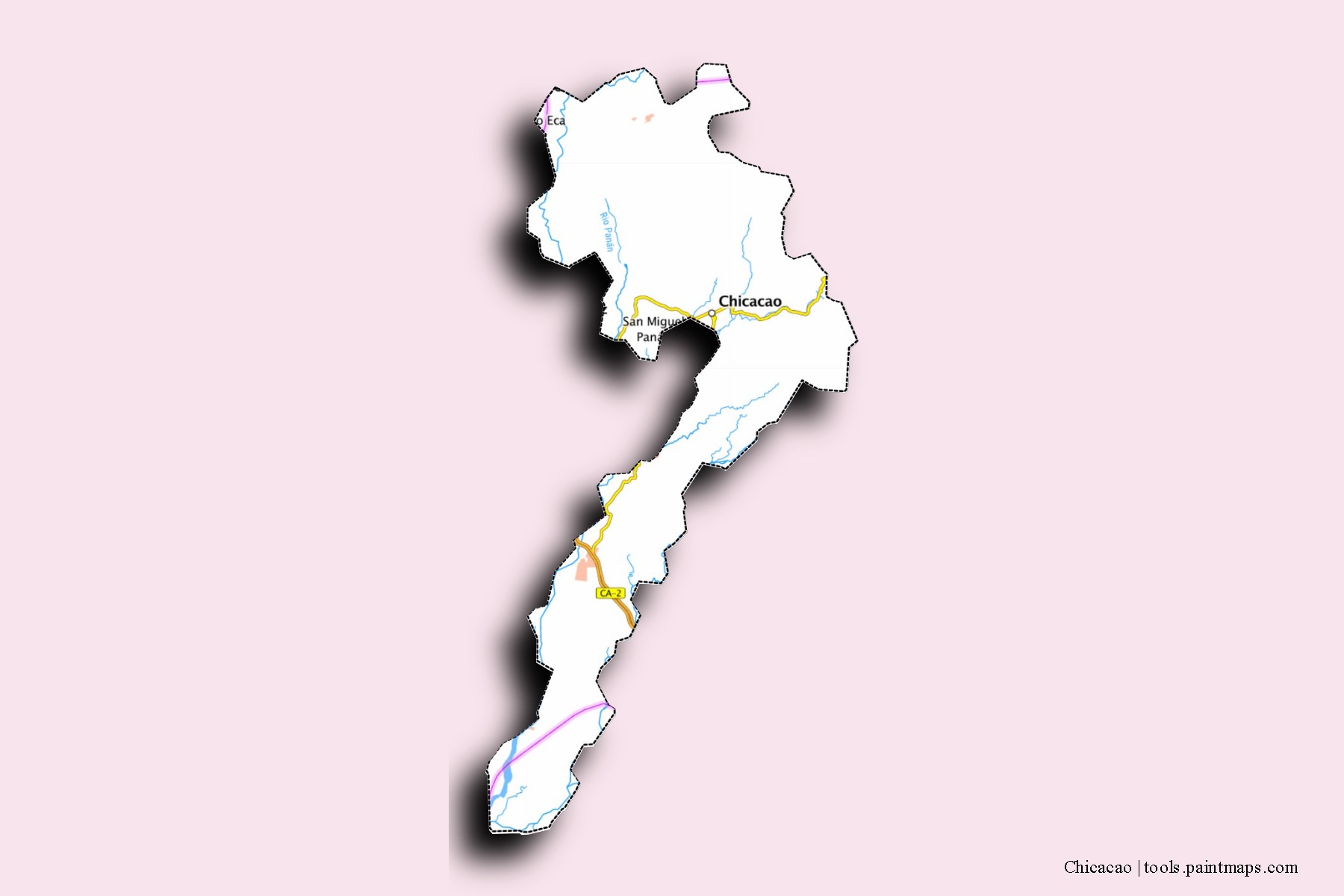 Mapa de barrios y pueblos de Chicacao con efecto de sombra 3D