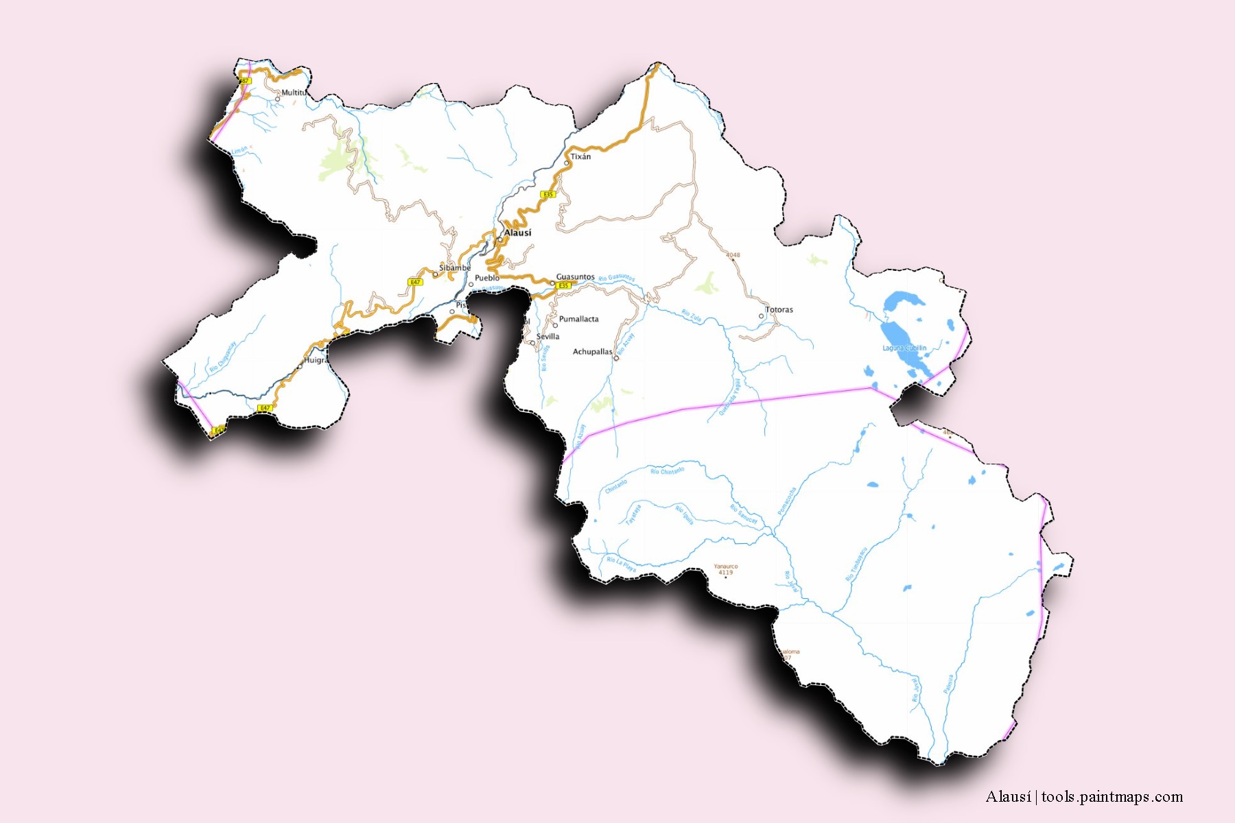 Mapa de barrios y pueblos de Alausí con efecto de sombra 3D