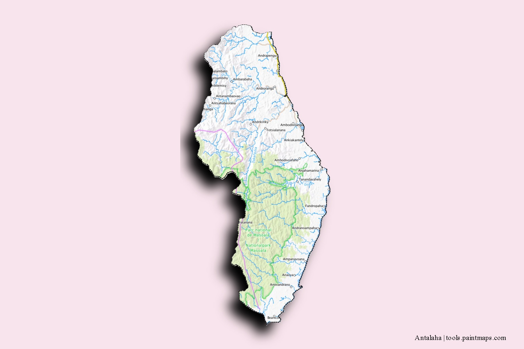 Mapa de barrios y pueblos de Antalaha con efecto de sombra 3D