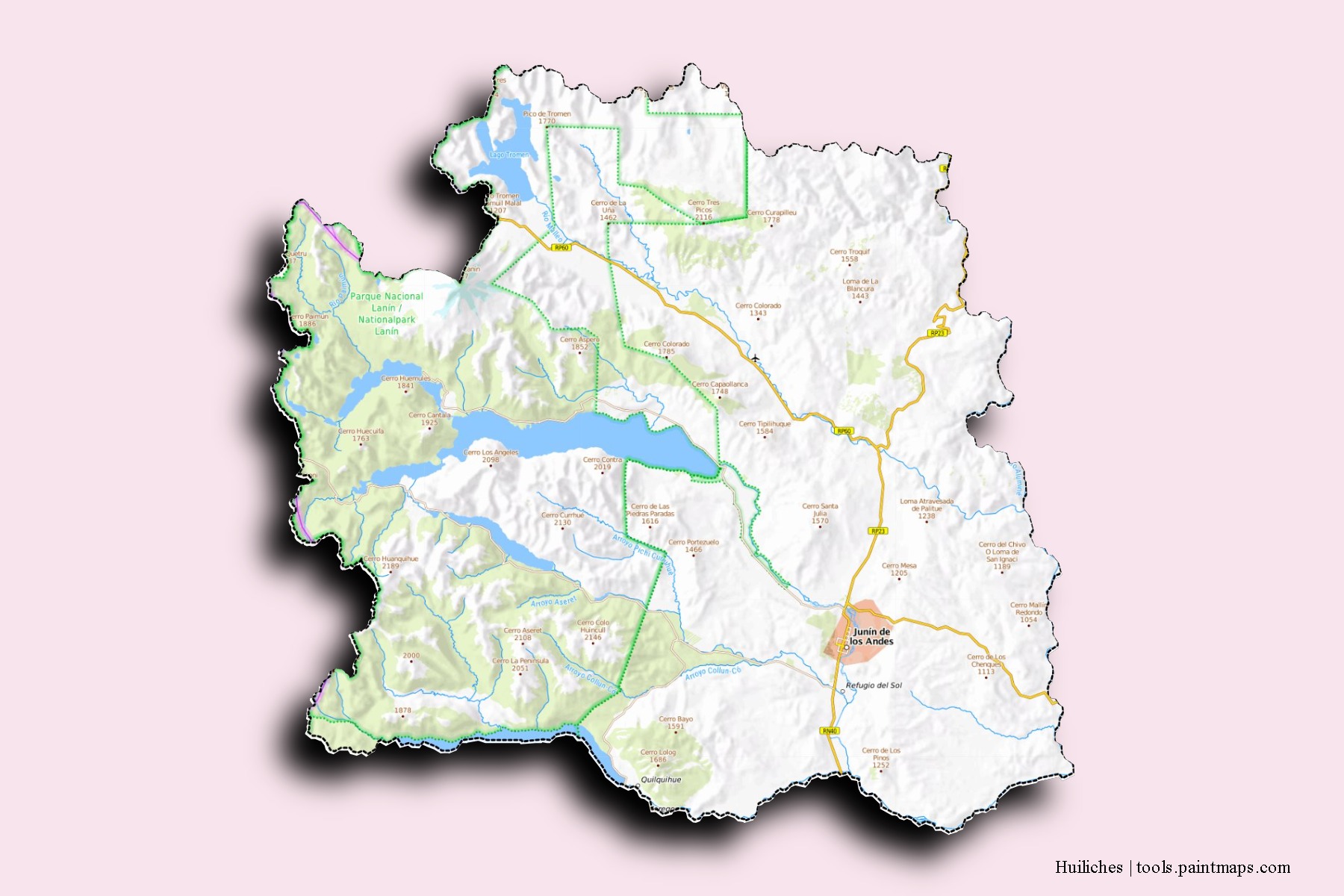 Huiliches neighborhoods and villages map with 3D shadow effect