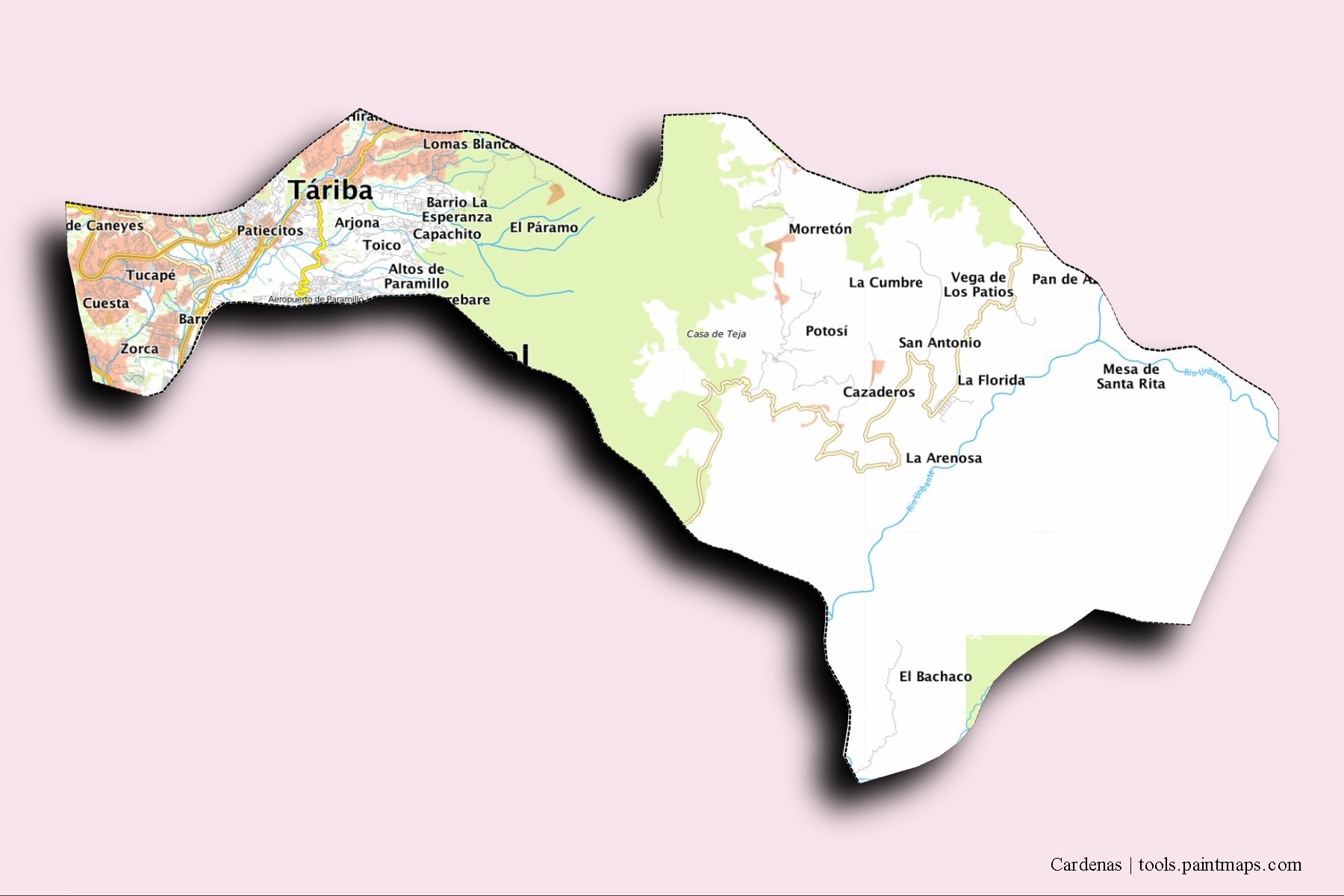 Mapa de barrios y pueblos de Cardenas con efecto de sombra 3D